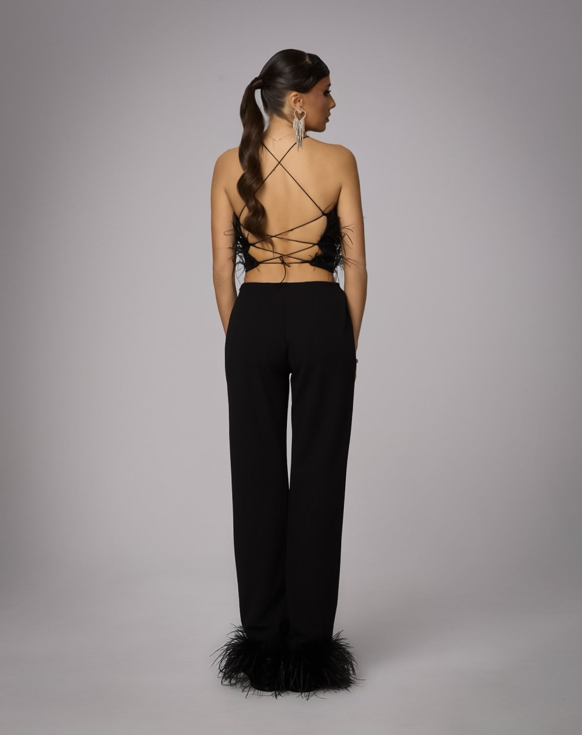 Compleu Top cu Pene si Pantaloni Lungi cu Pene, Noir Feather