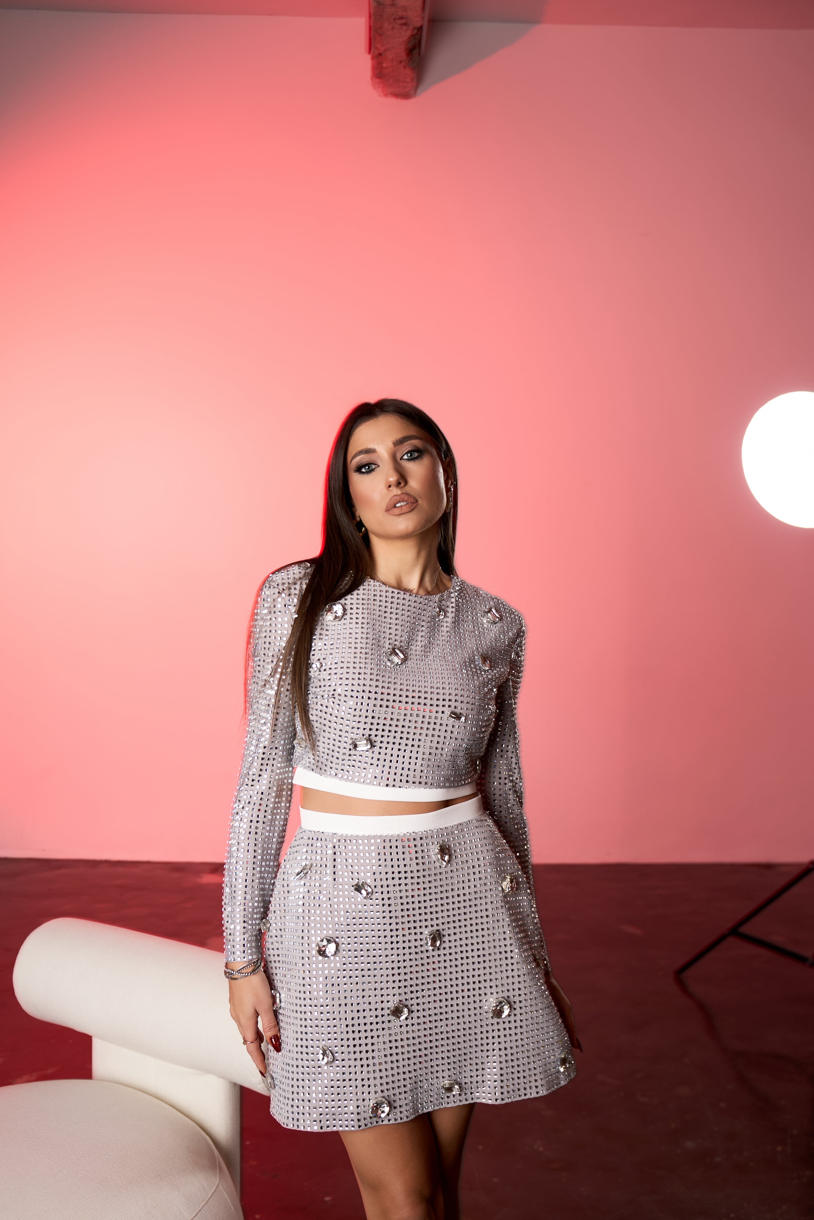 Compleu din Cristale cu Fusta Mini si Top, Crystal Glow