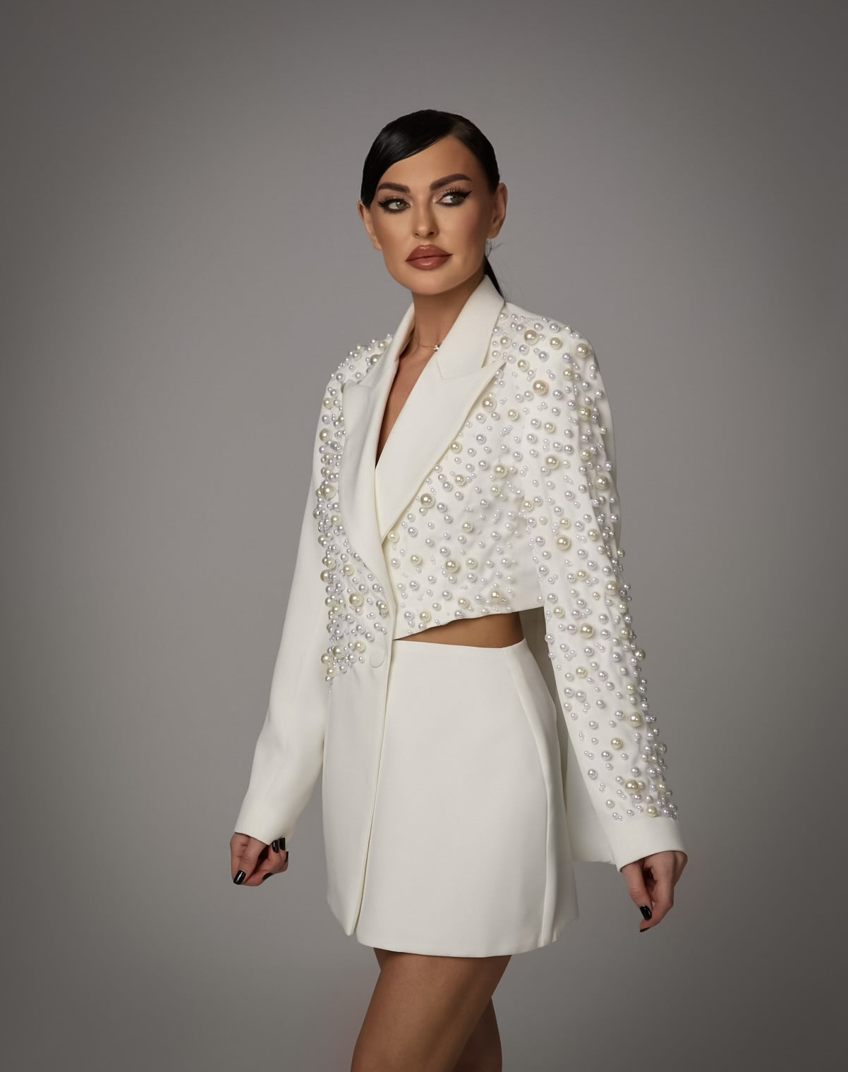 Compleu cu Sacou Cropped cu Perle si Fusta, Ivory Elegance