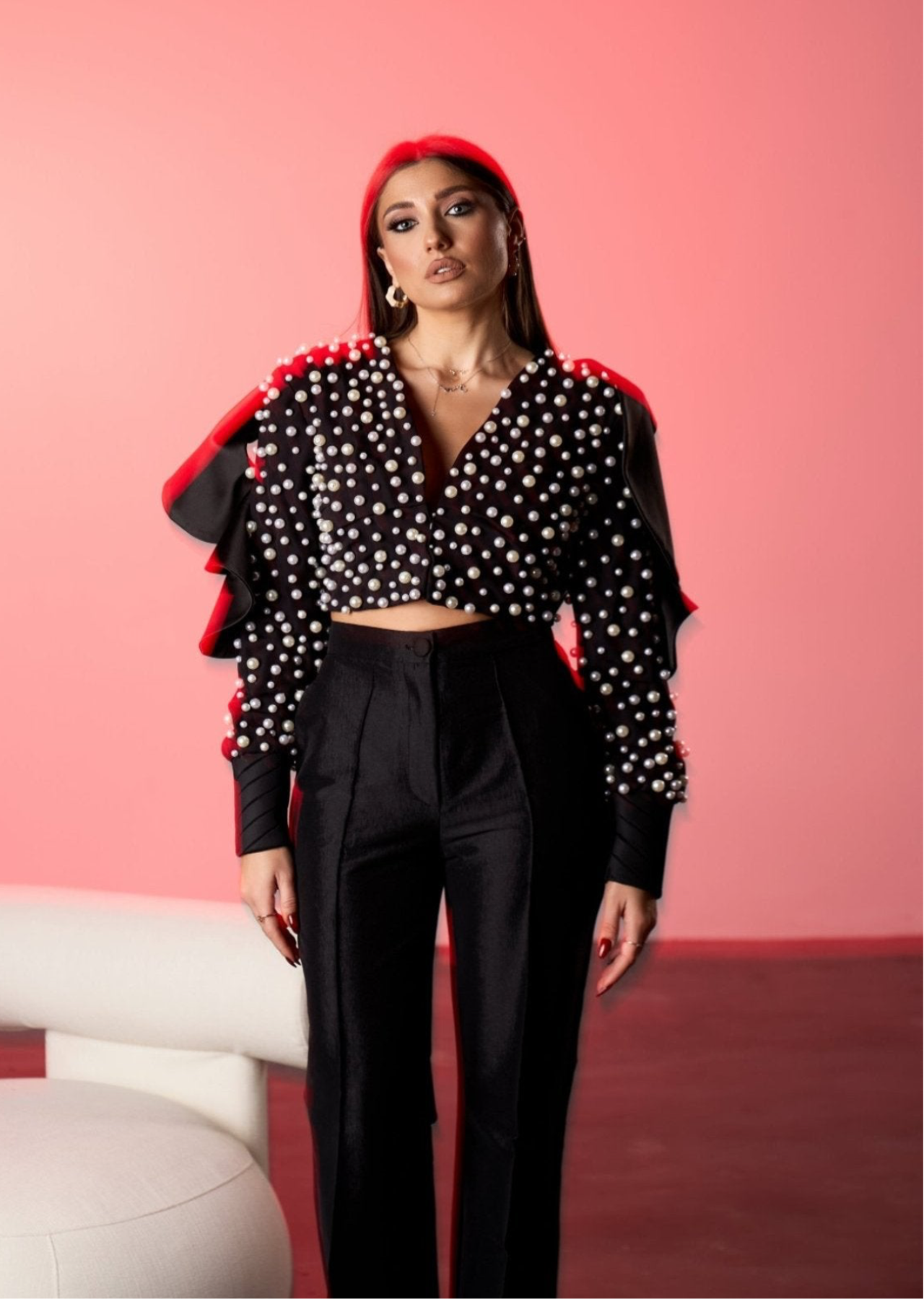 Sacou Cropped cu Perle si Volane, Pearl Éclat