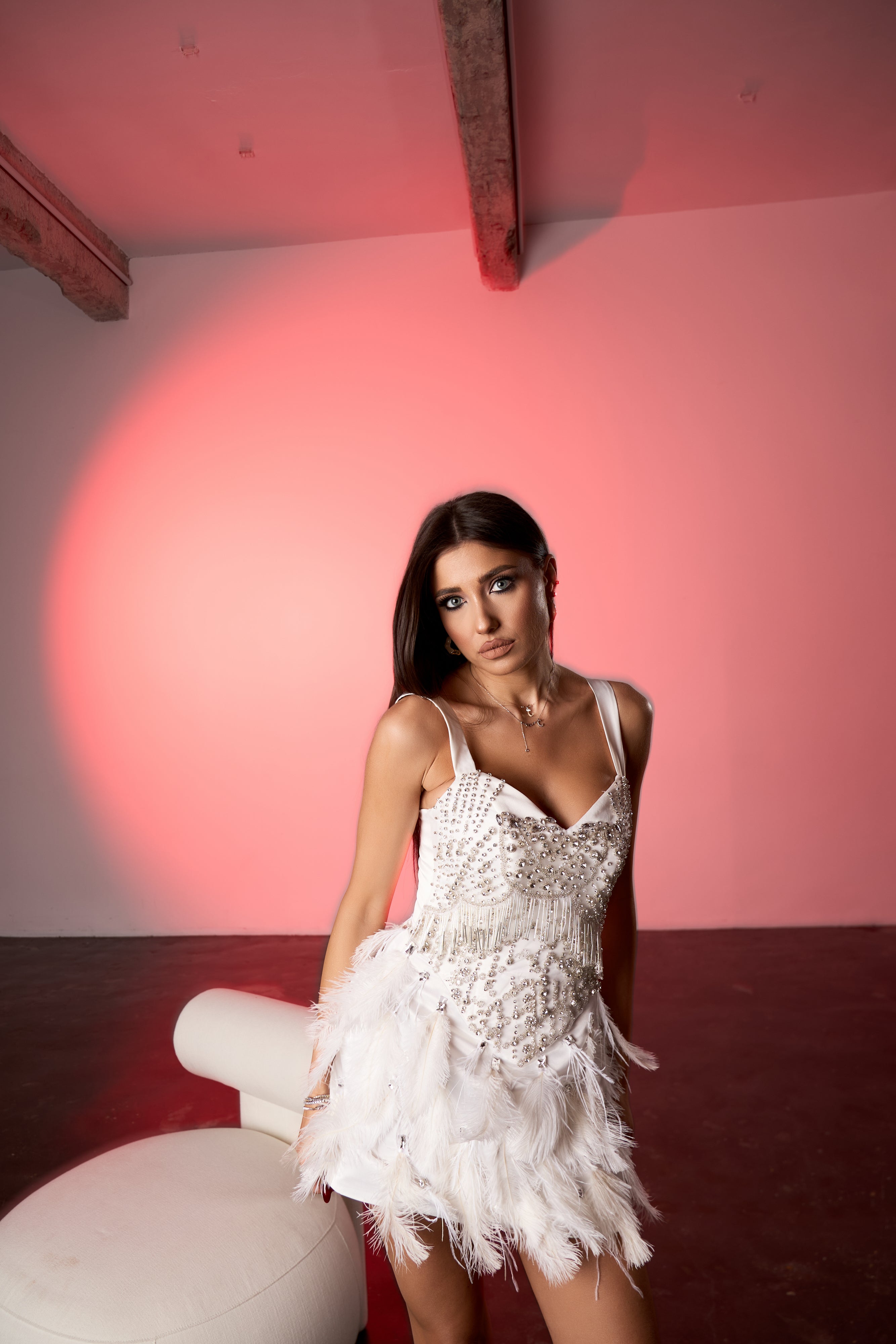 Rochie Mini cu Aplicatii din Cristale si Pene, Snowdrop Charm
