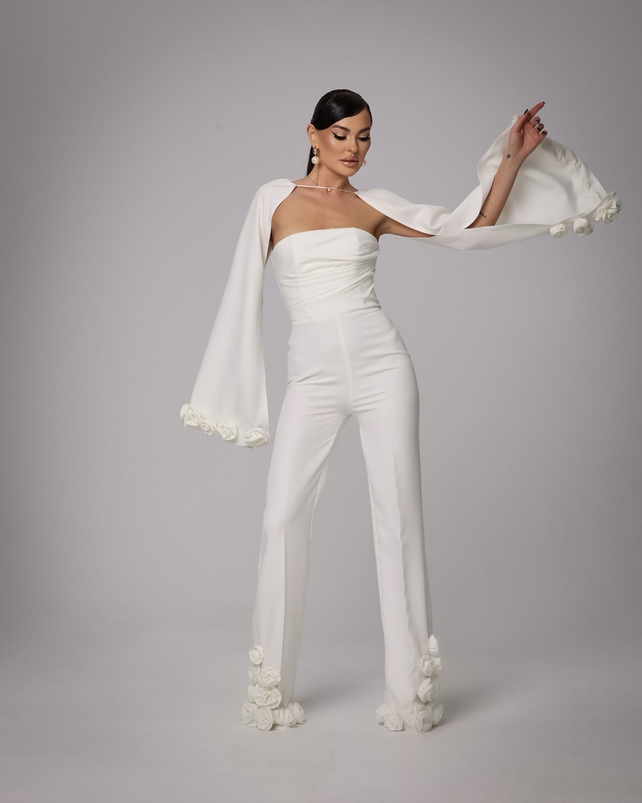 Salopeta Corset cu Aplicatii Florale si Maneci Detasabile, Ivory Bloom