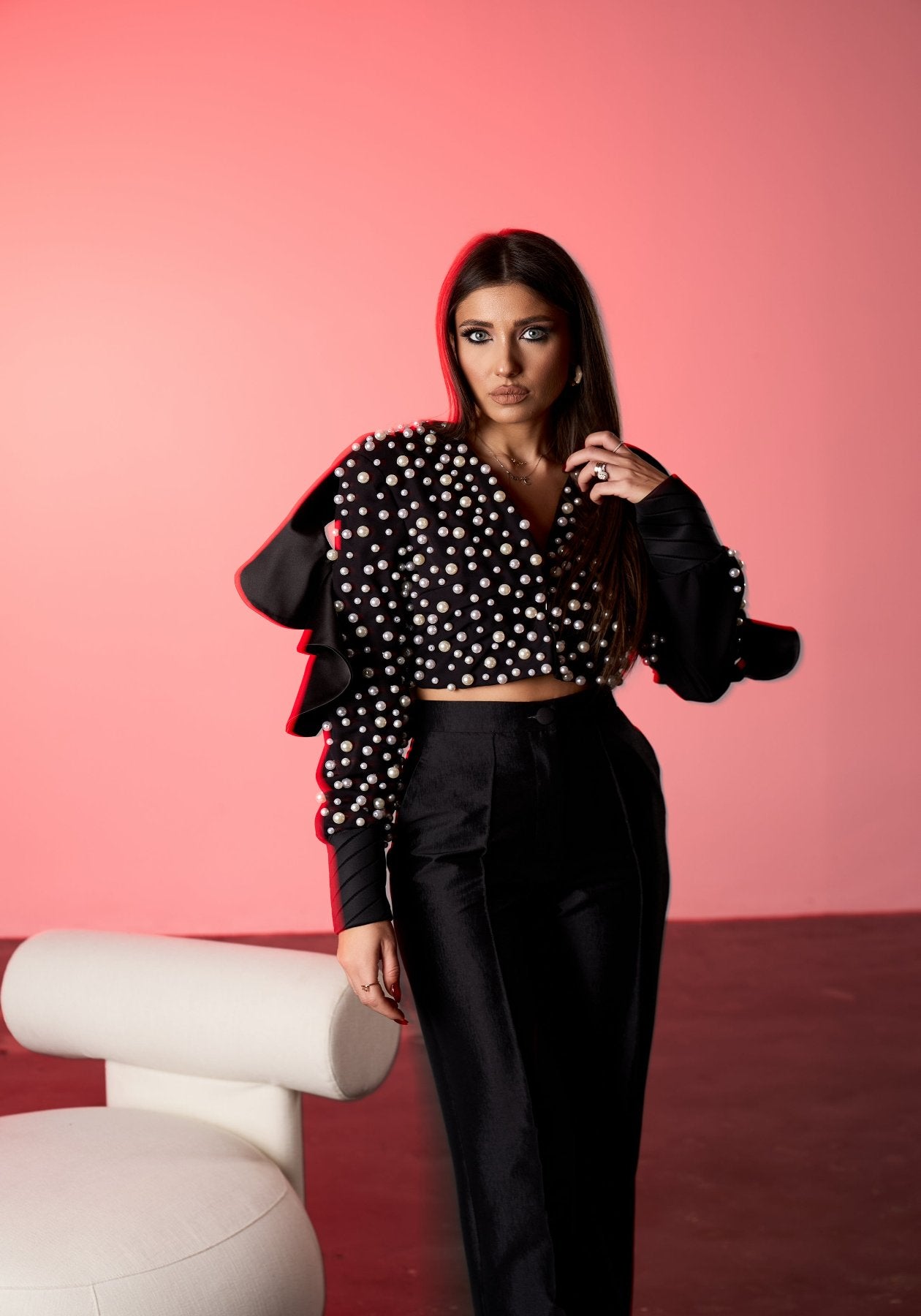 Sacou Cropped cu Perle si Volane, Pearl Éclat