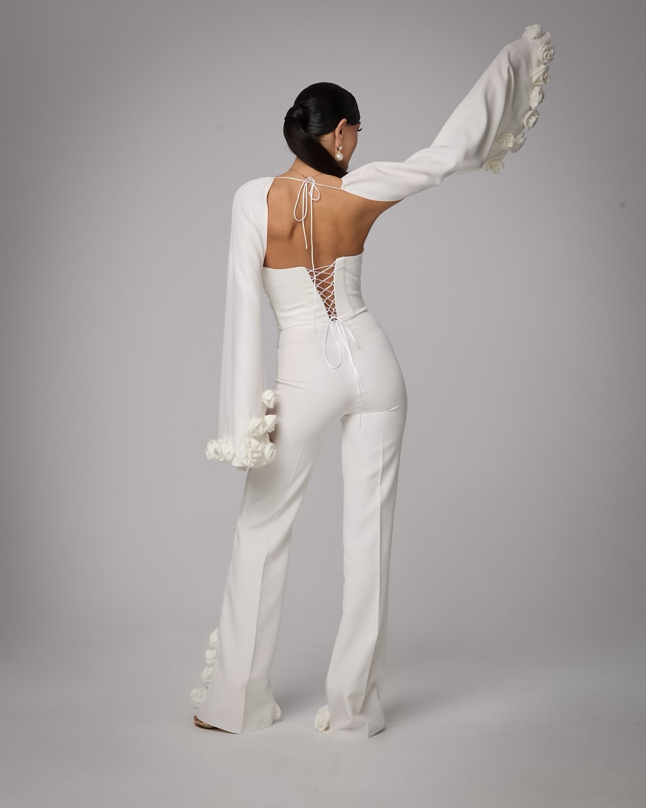 Salopeta Corset cu Aplicatii Florale si Maneci Detasabile, Ivory Bloom