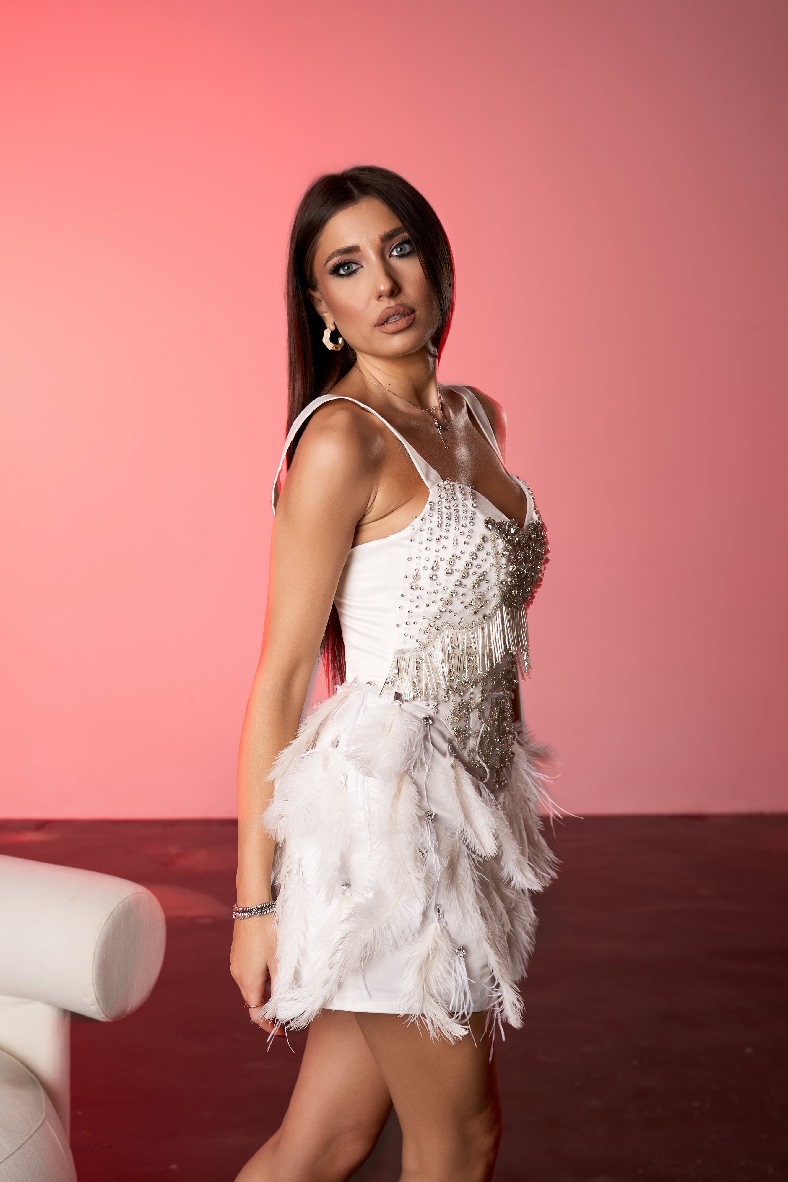 Rochie Mini cu Aplicatii din Cristale si Pene, Snowdrop Charm