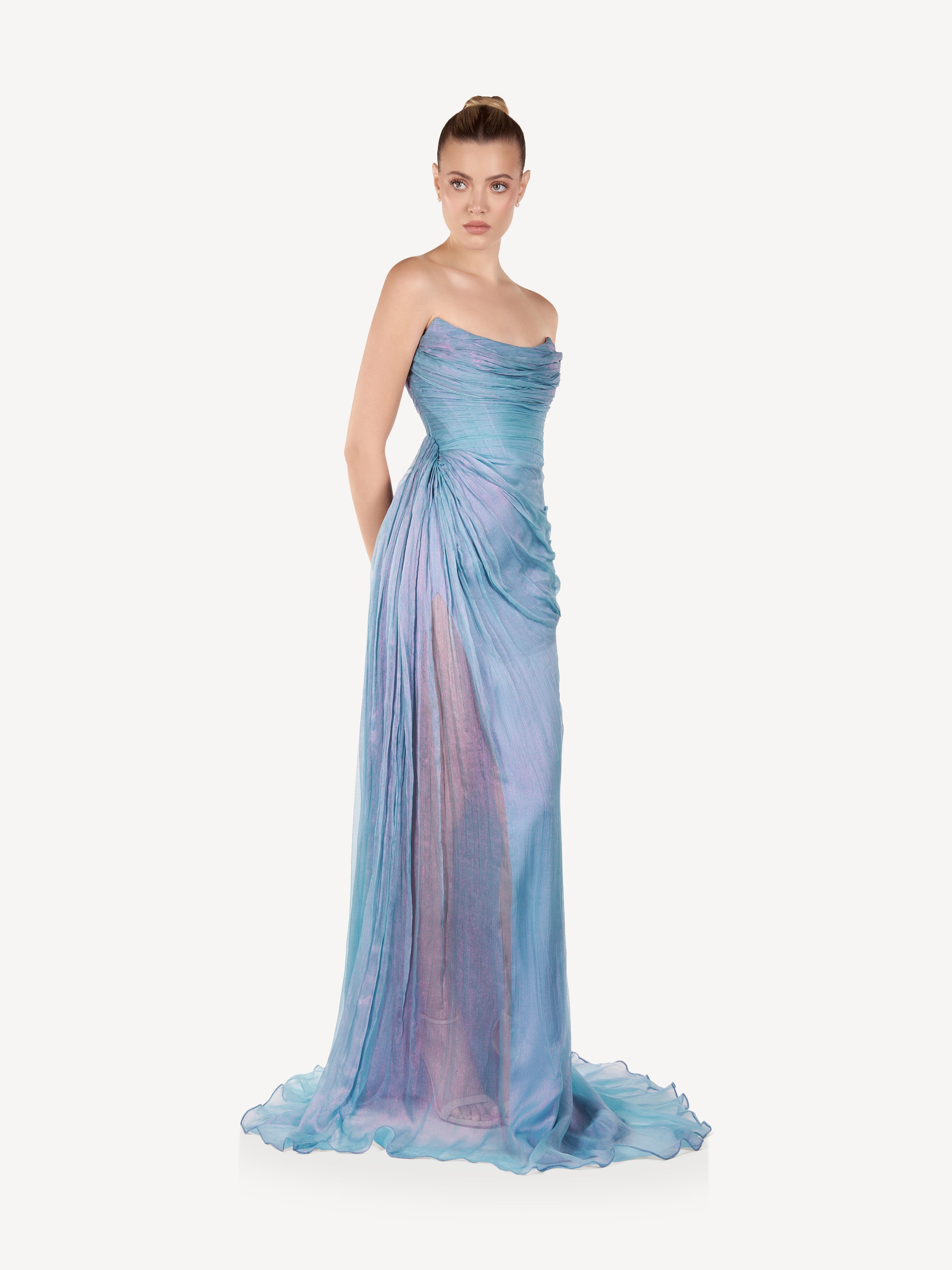 Rochie Maxi din Matase Drapata, Ocean Glow