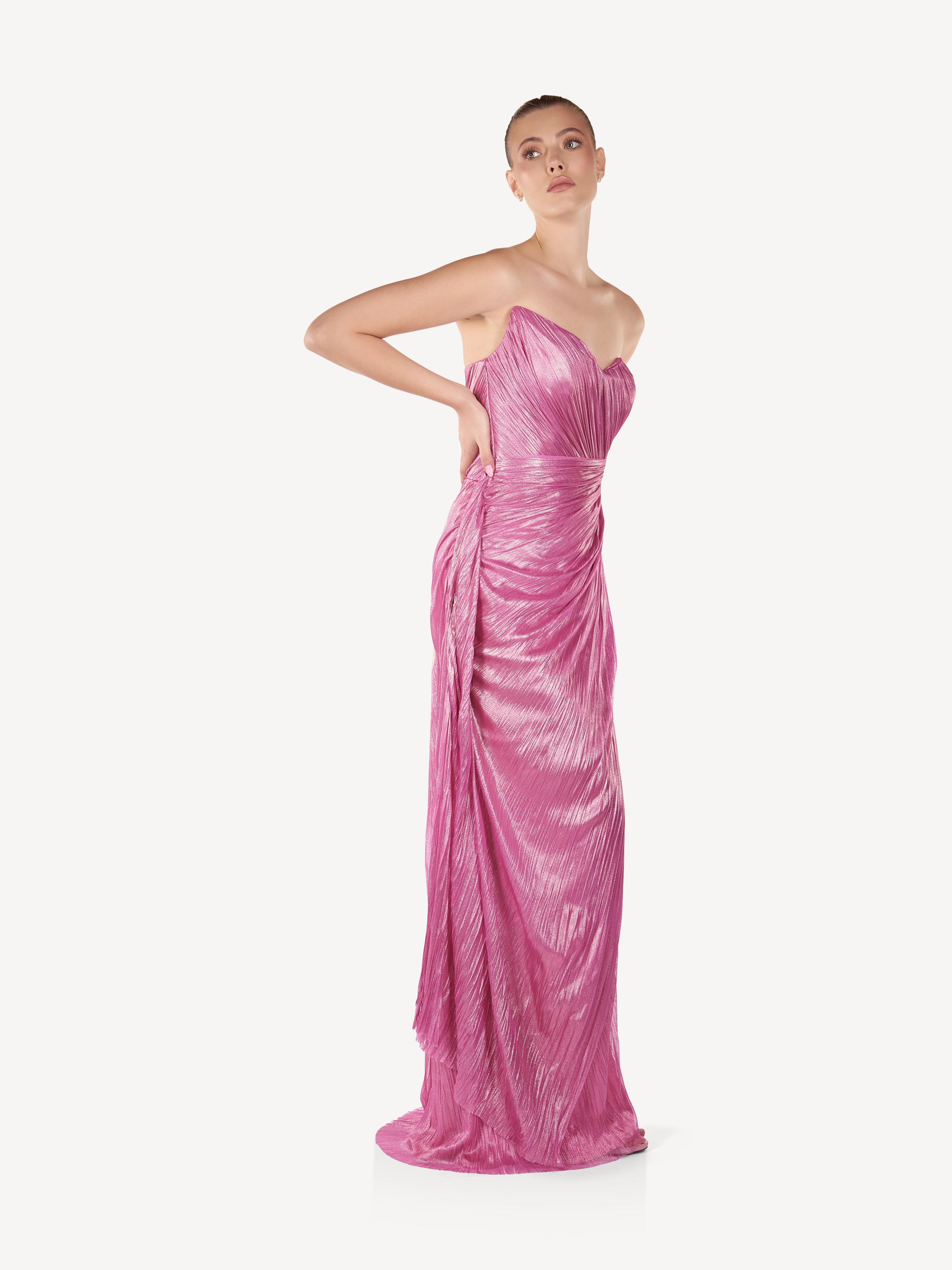 Rochie Maxi din Matase Drapata cu Slit, Pink Lumière