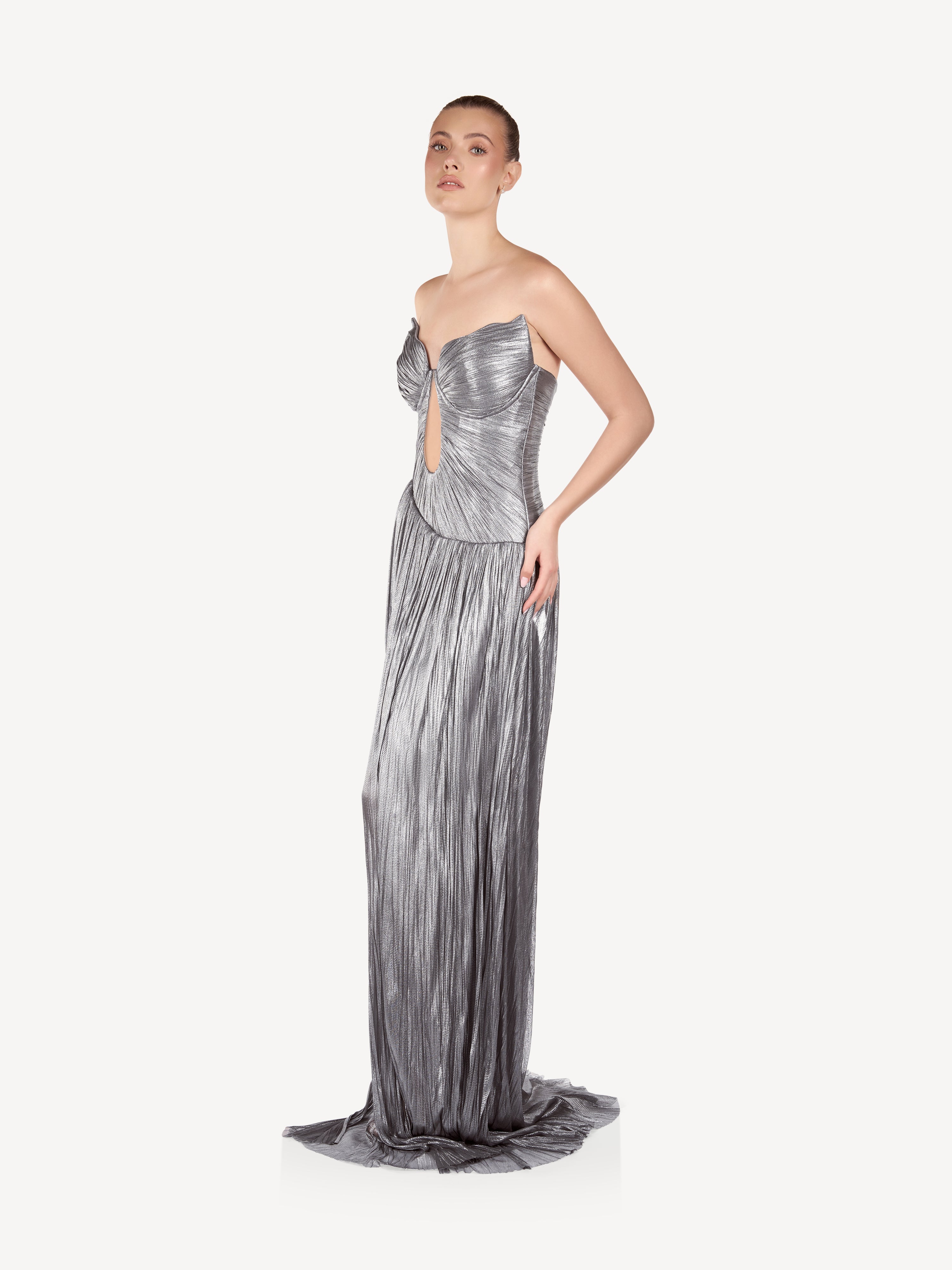 Rochie Maxi Metalizata cu Decupaj, Silver Touch