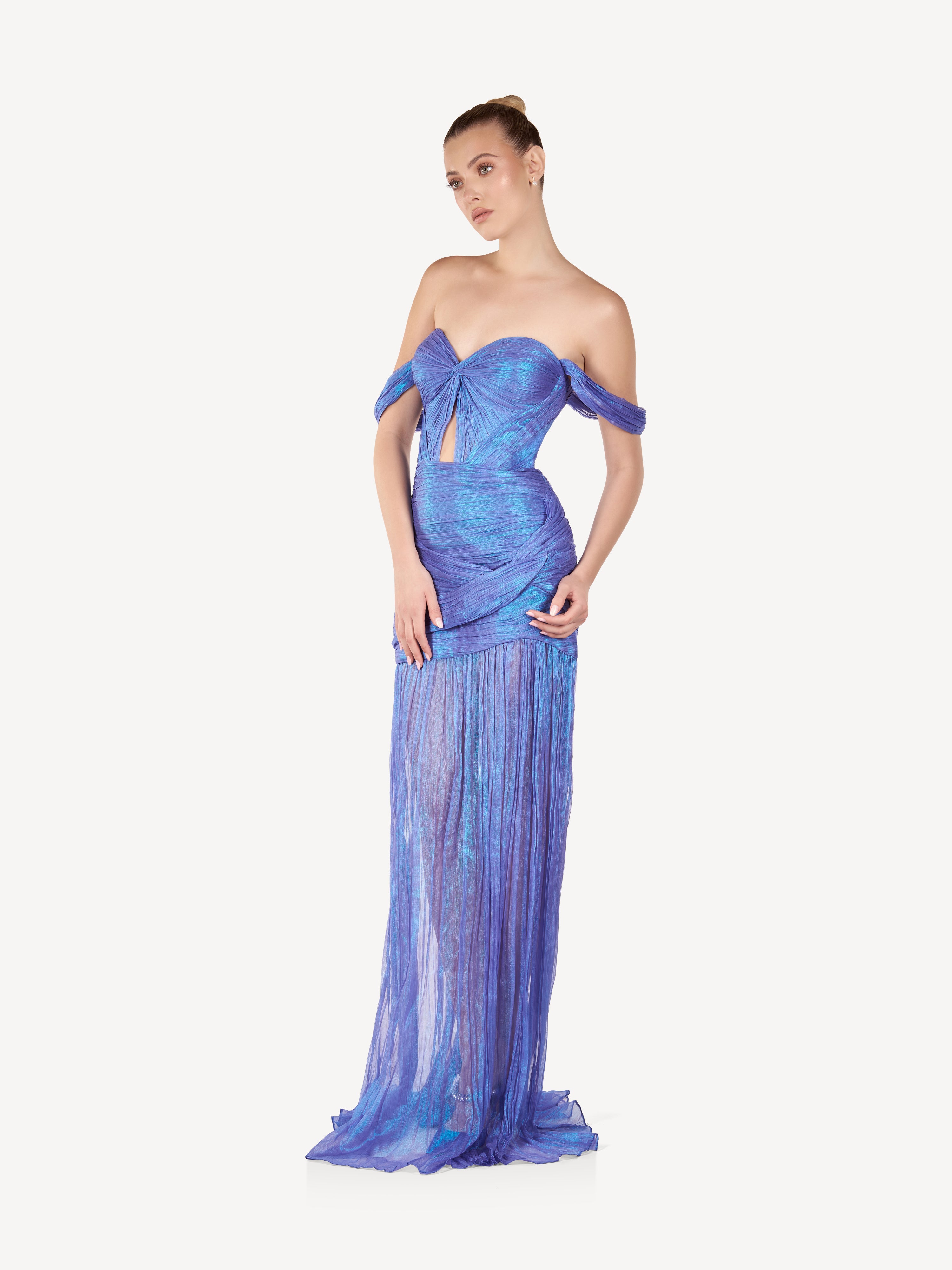 Rochie Maxi Drapata Off-Shoulder, Blue Mirage