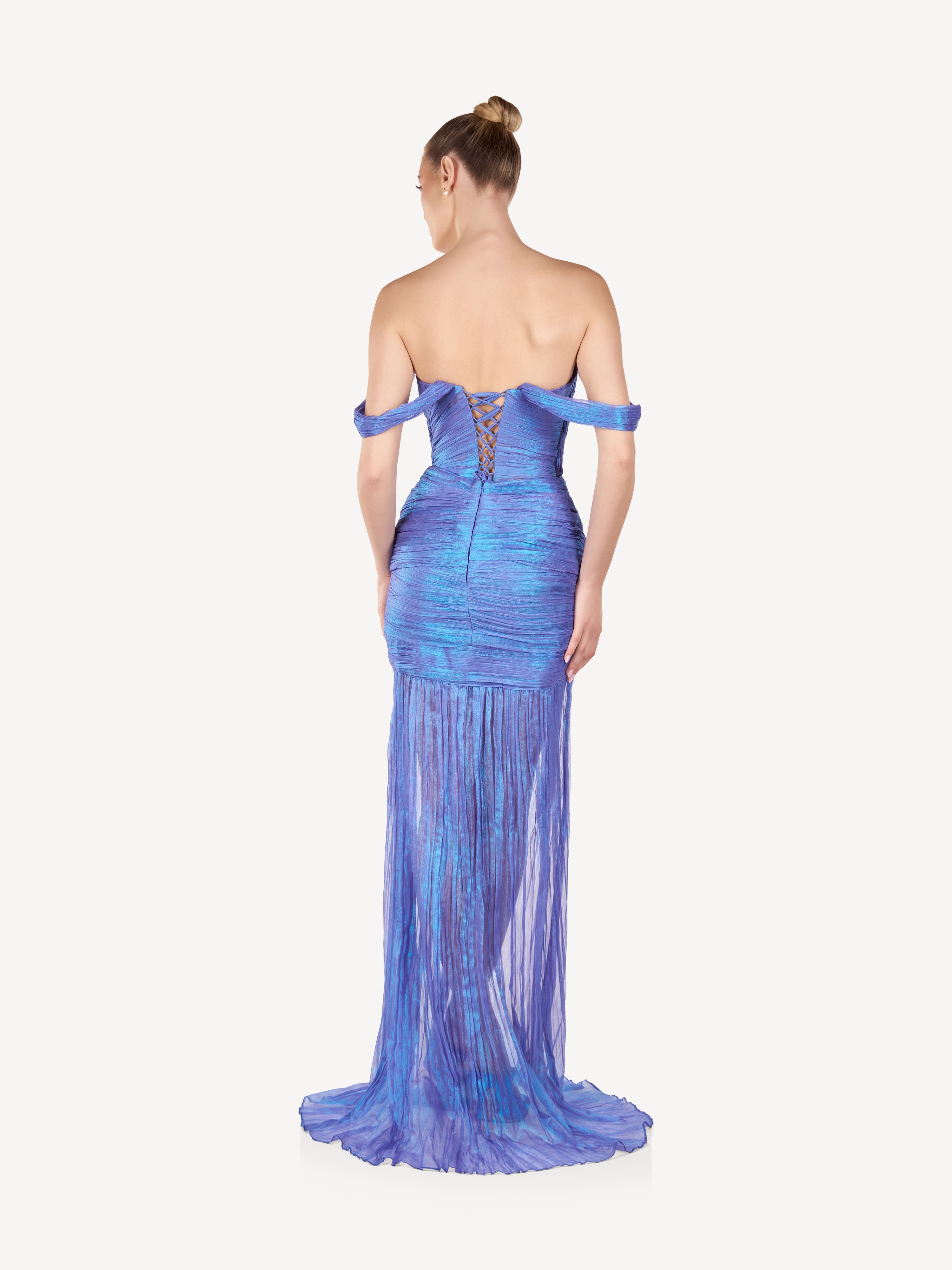 Rochie Maxi Drapata Off-Shoulder, Blue Mirage