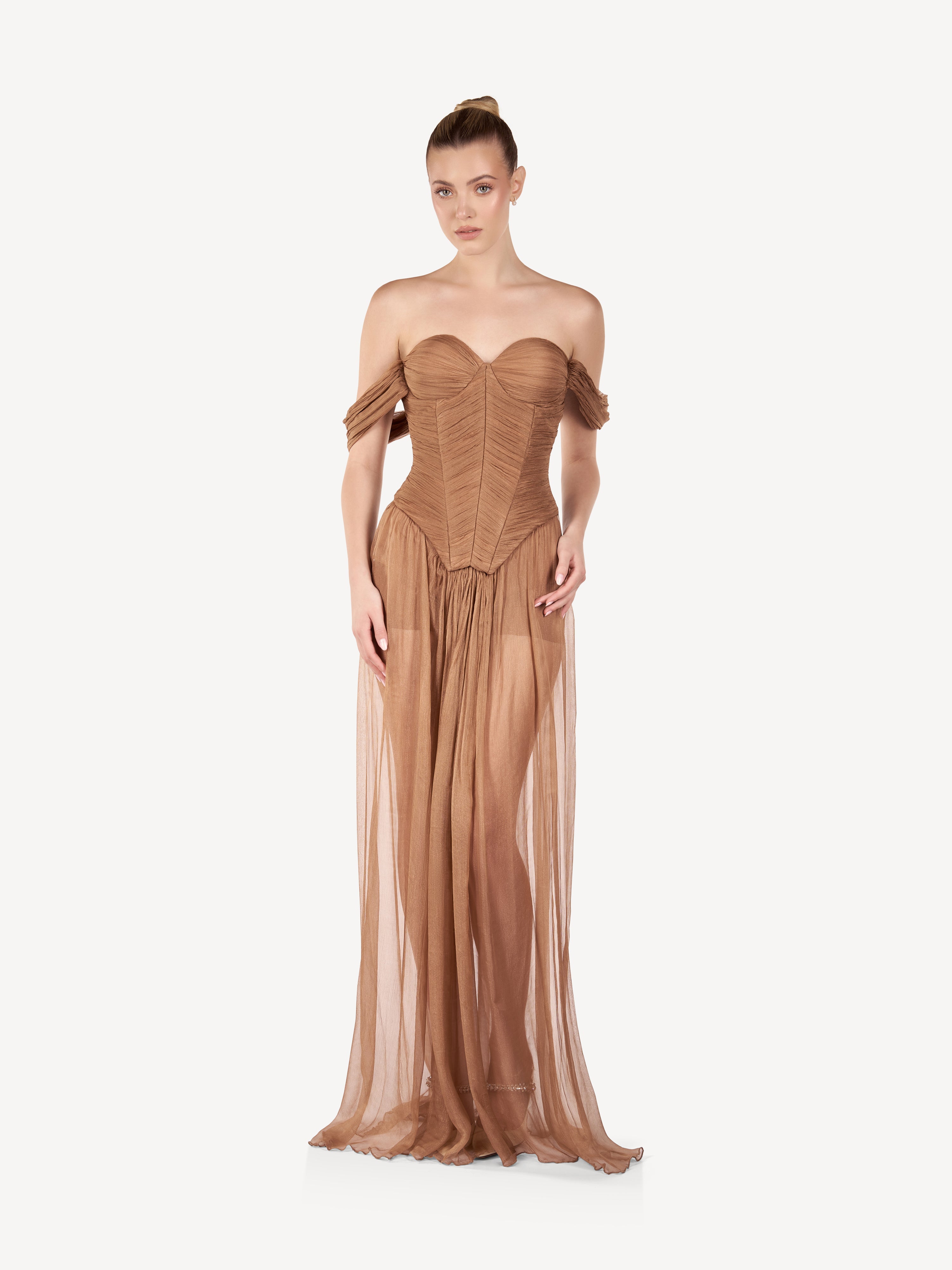 Rochie Maxi cu Corset Drapat si Fusta Fluida, Bronze Veil