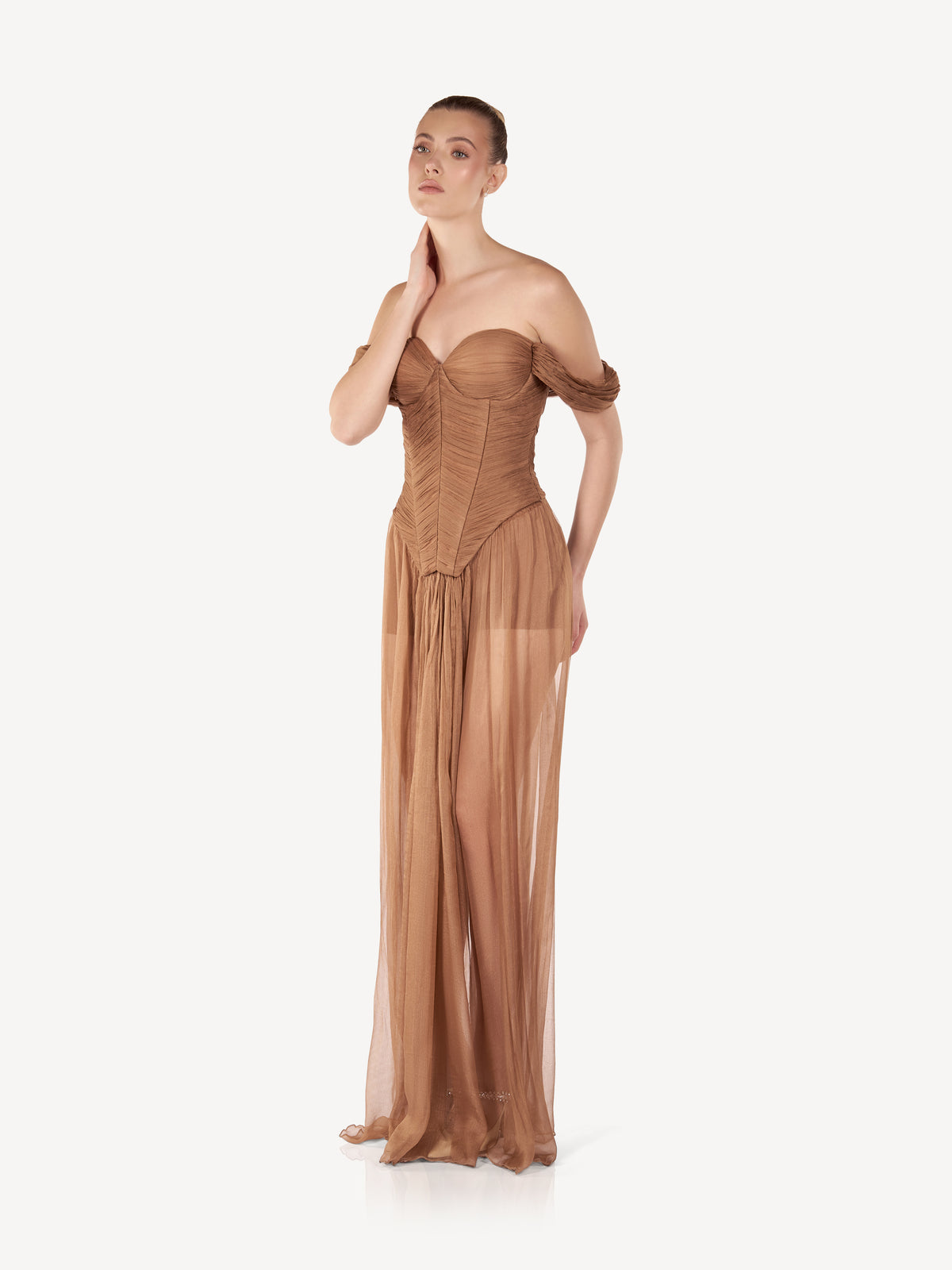 Rochie Maxi cu Corset Drapat si Fusta Fluida, Bronze Veil