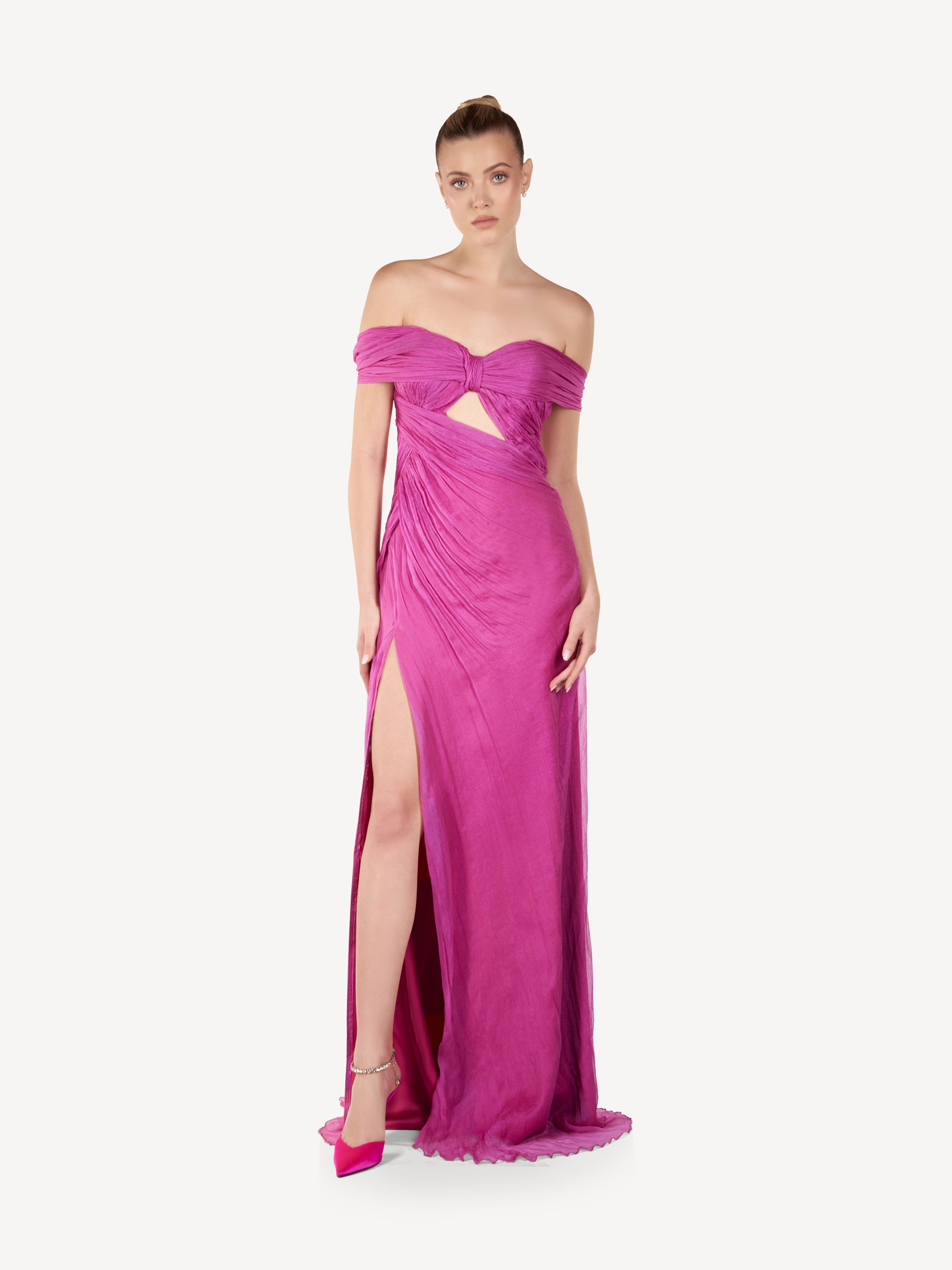 Rochie Maxi Drapata din Muselina de Matase, Fuchsia Muse