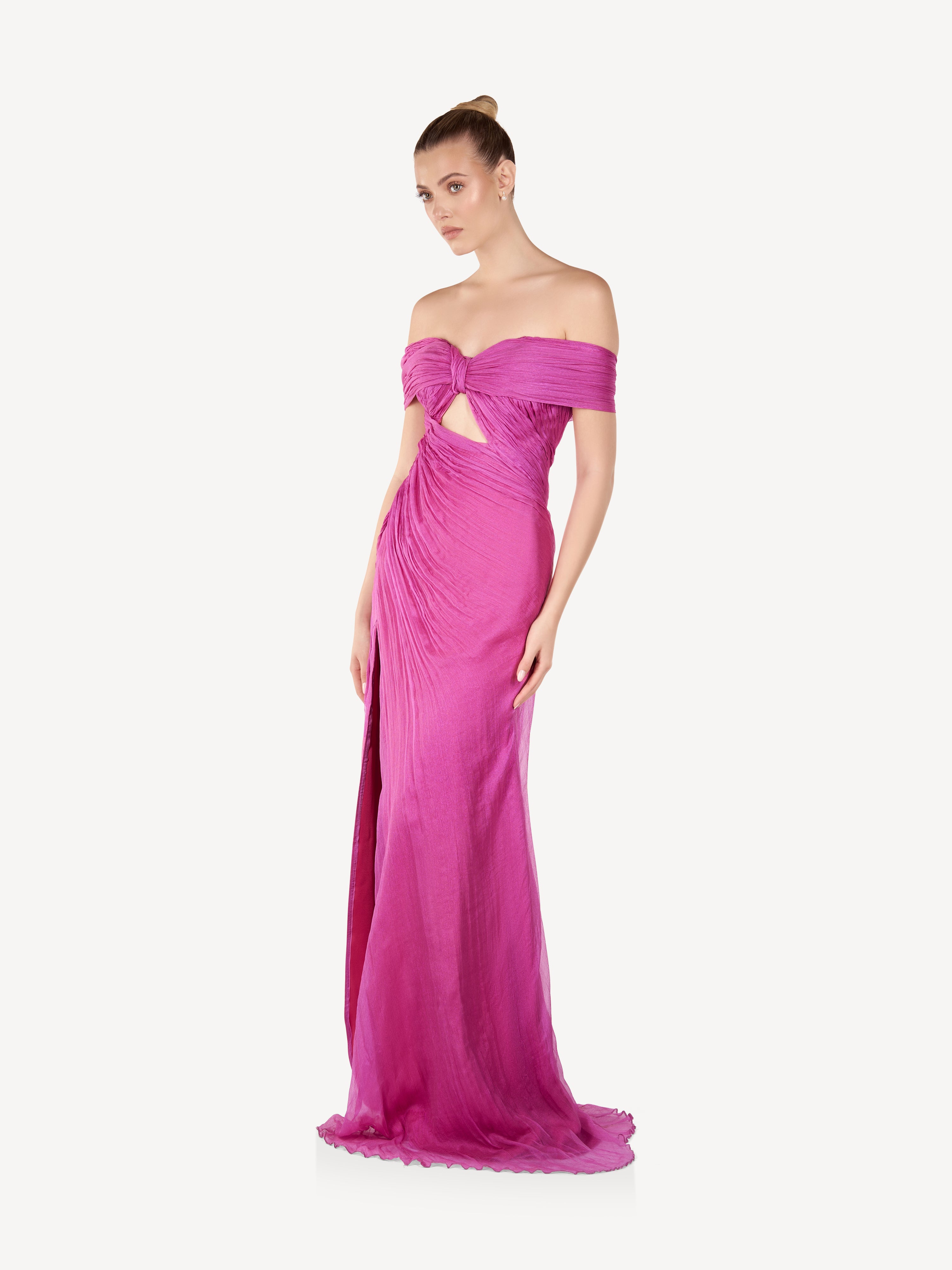 Rochie Maxi Drapata din Muselina de Matase, Fuchsia Muse
