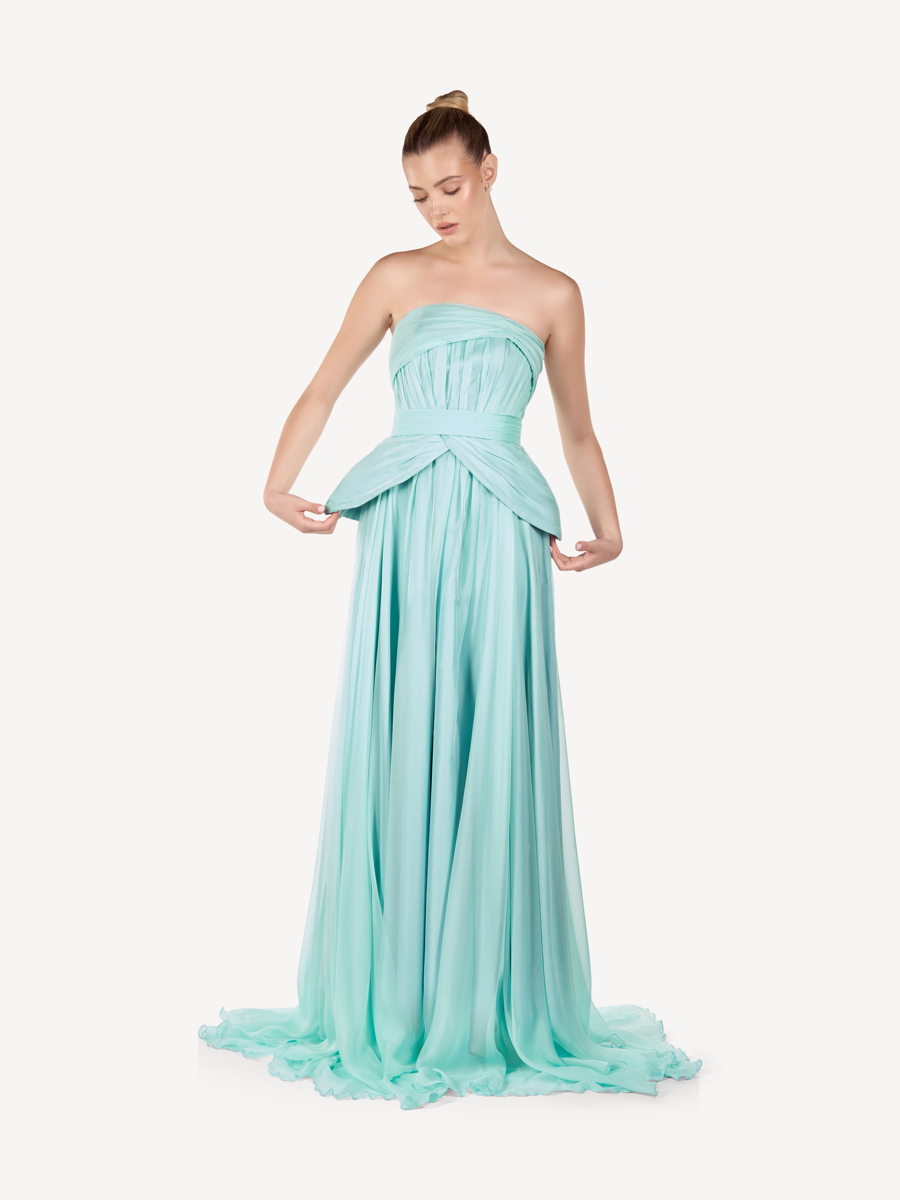 Rochie Maxi din Matase cu Drapaje Asimetrice, Sea Mist
