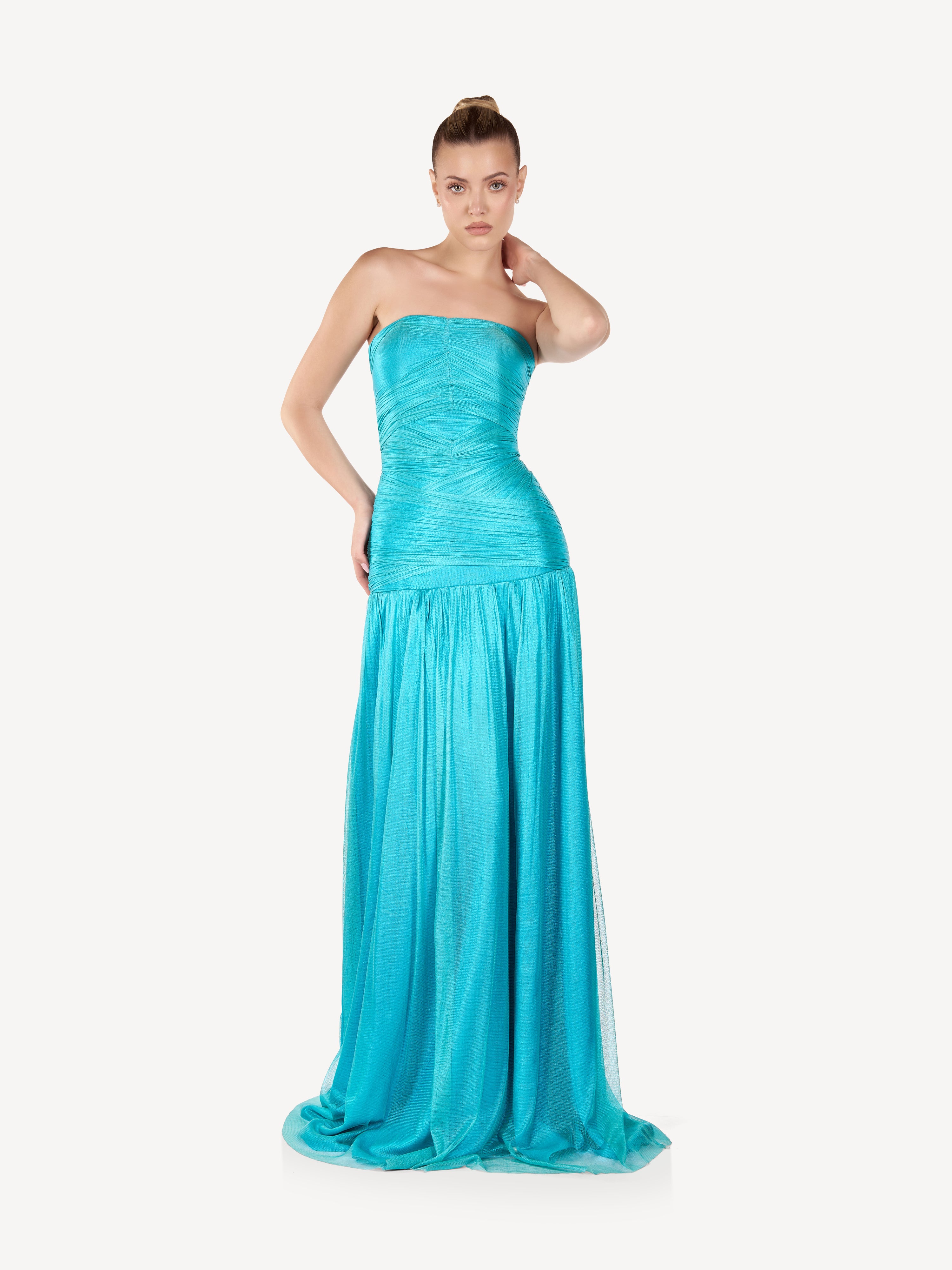 Rochie Maxi Drapata cu Corsaj Structurat, Aqua Veil