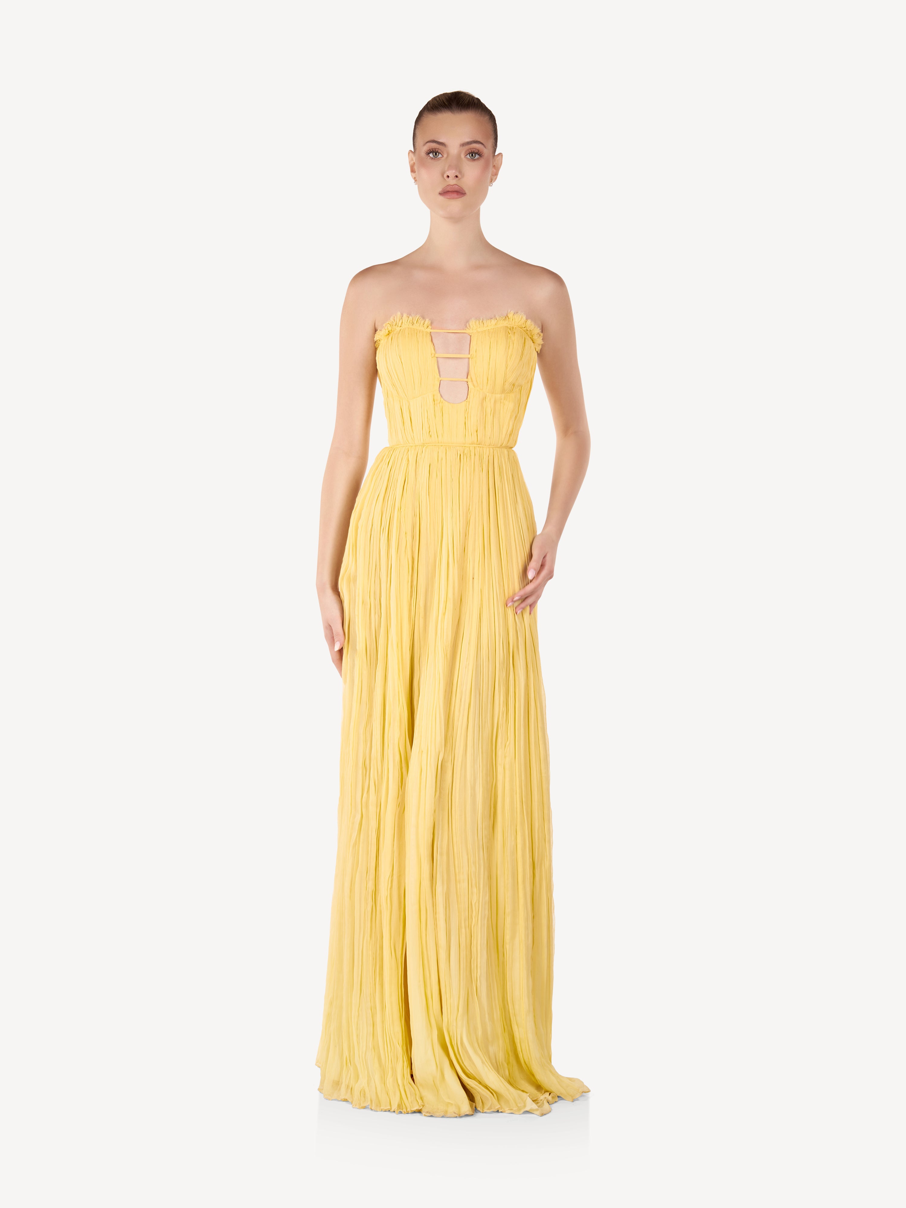 Rochie Maxi din Matase cu Detalii Drapate, Butter Glow