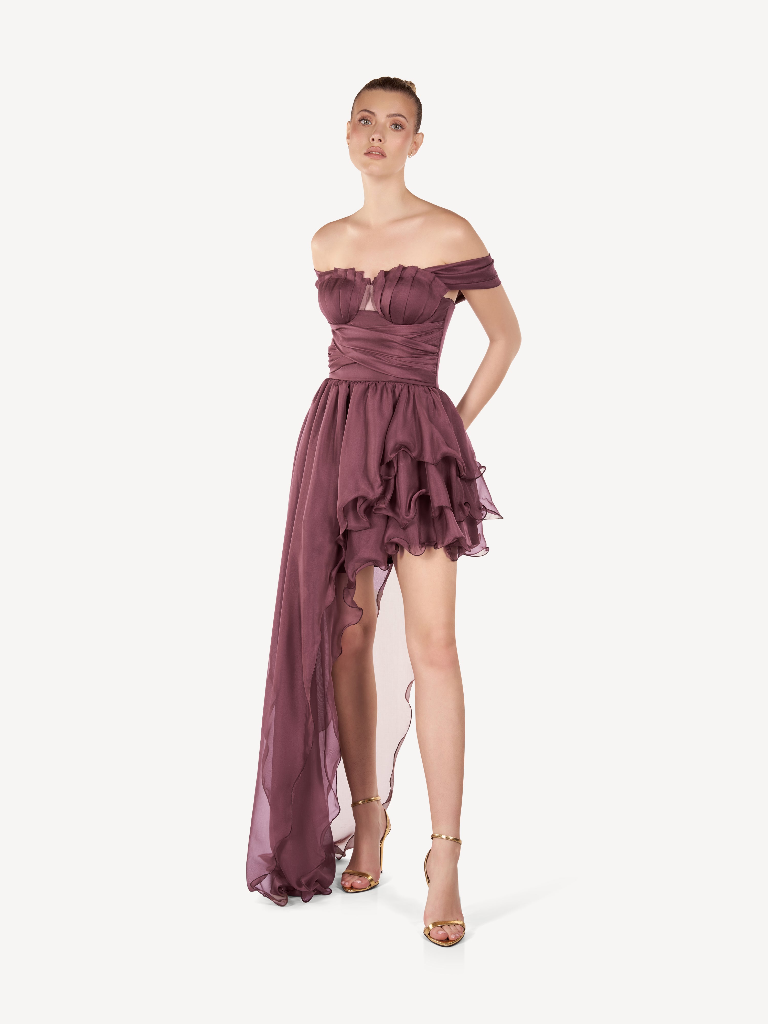 Rochie Mini Asimetrica din Voal de Matase, Mauve Élise