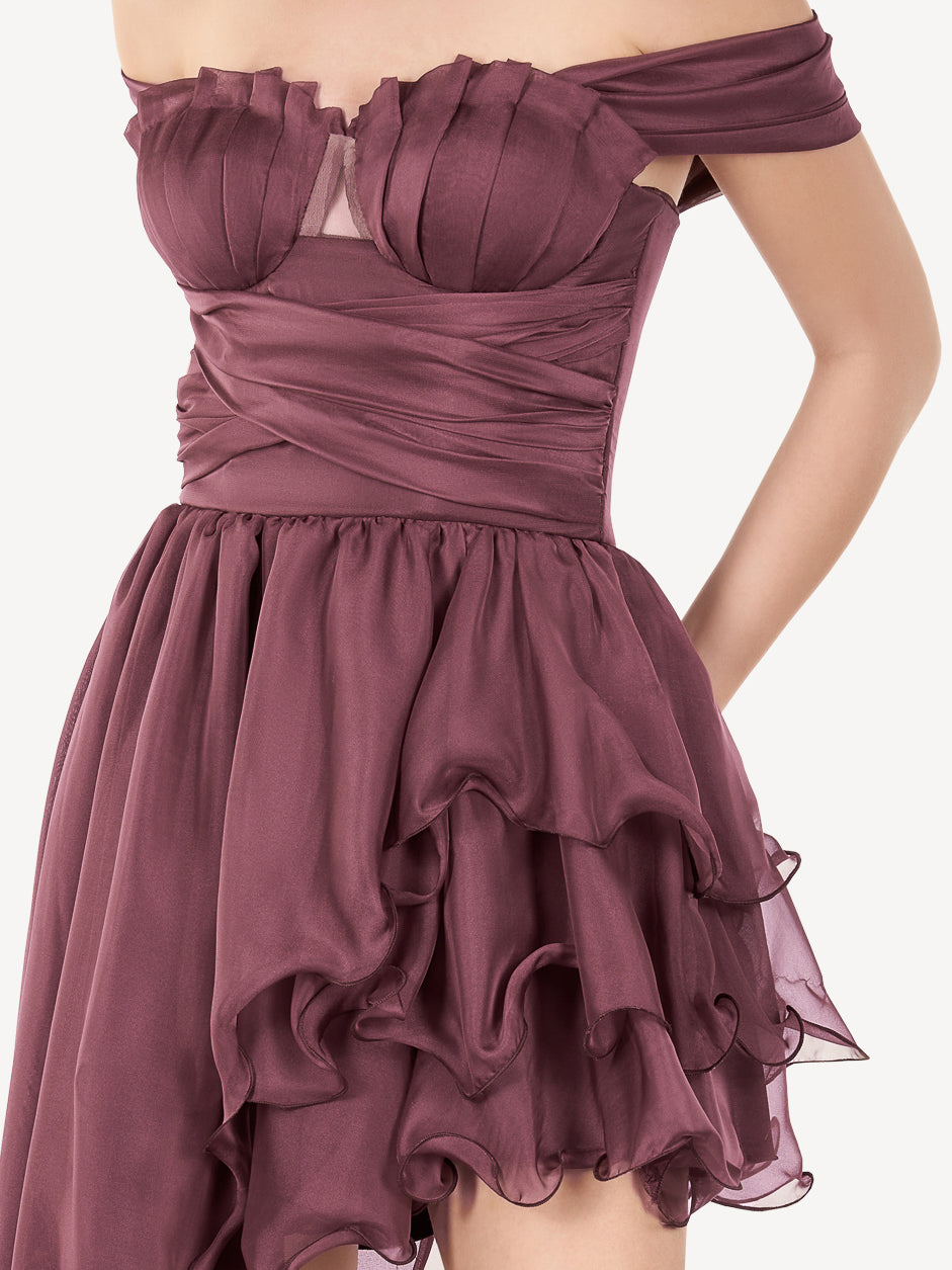 Rochie Mini Asimetrica din Voal de Matase, Mauve Élise