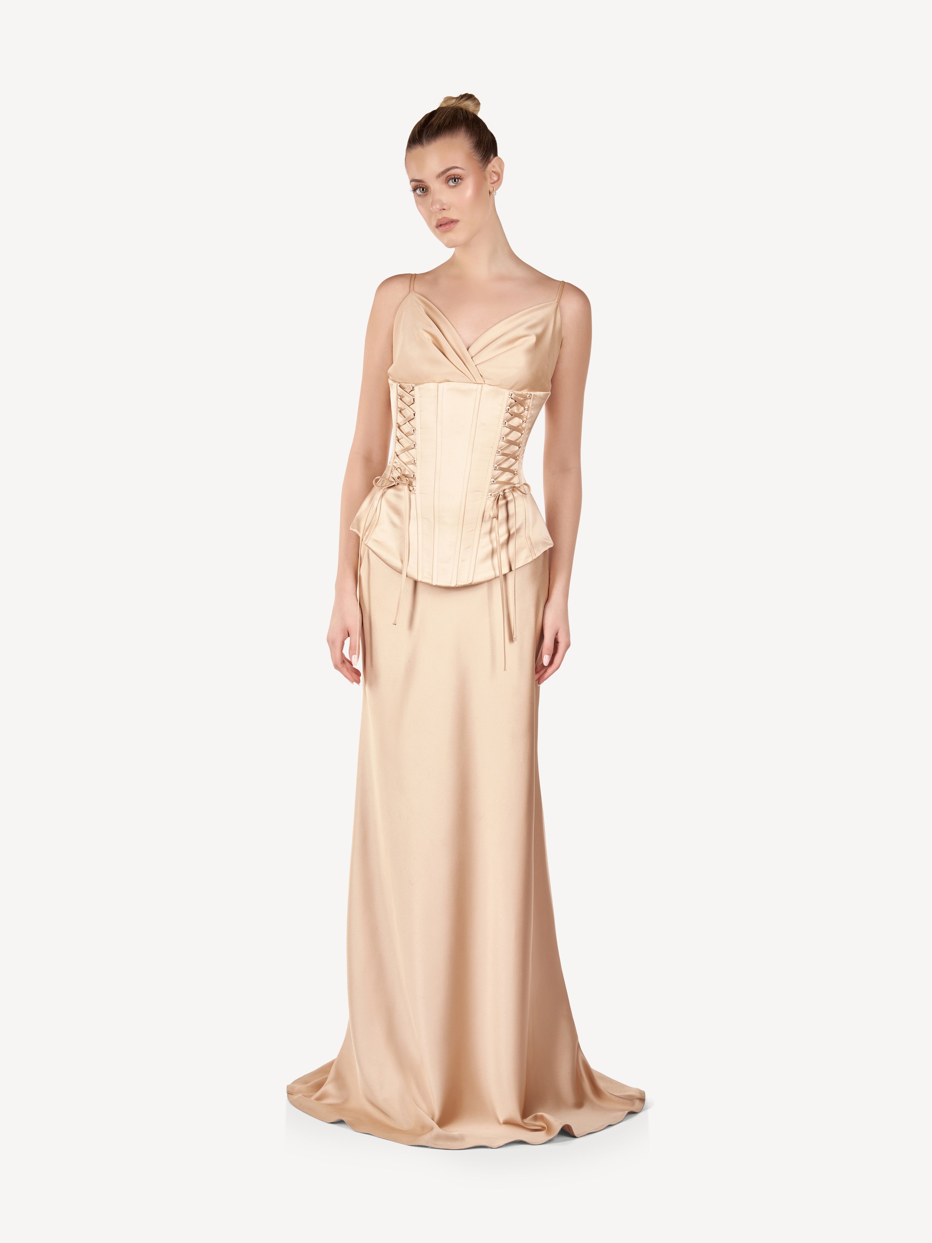 Rochie Maxi Corset din Satin cu Bretele Fine, Champagne Élise