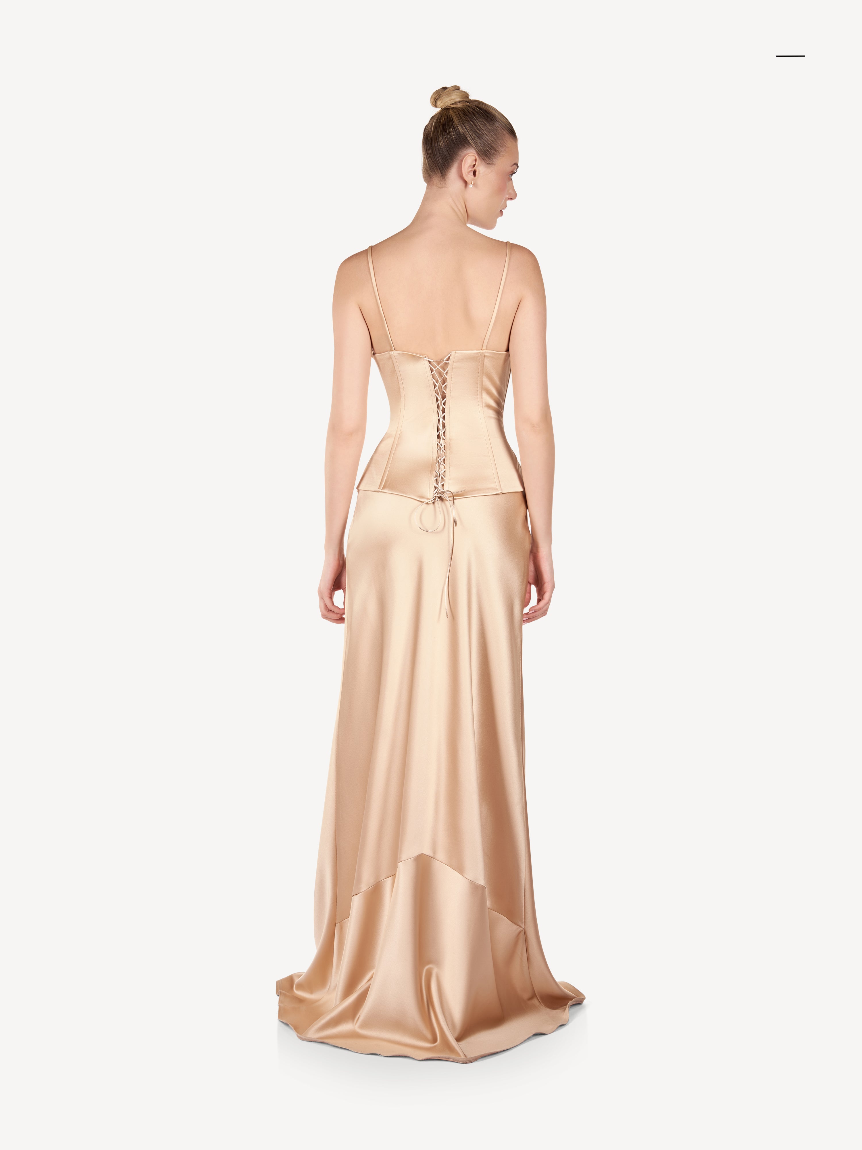 Rochie Maxi Corset din Satin cu Bretele Fine, Champagne Élise
