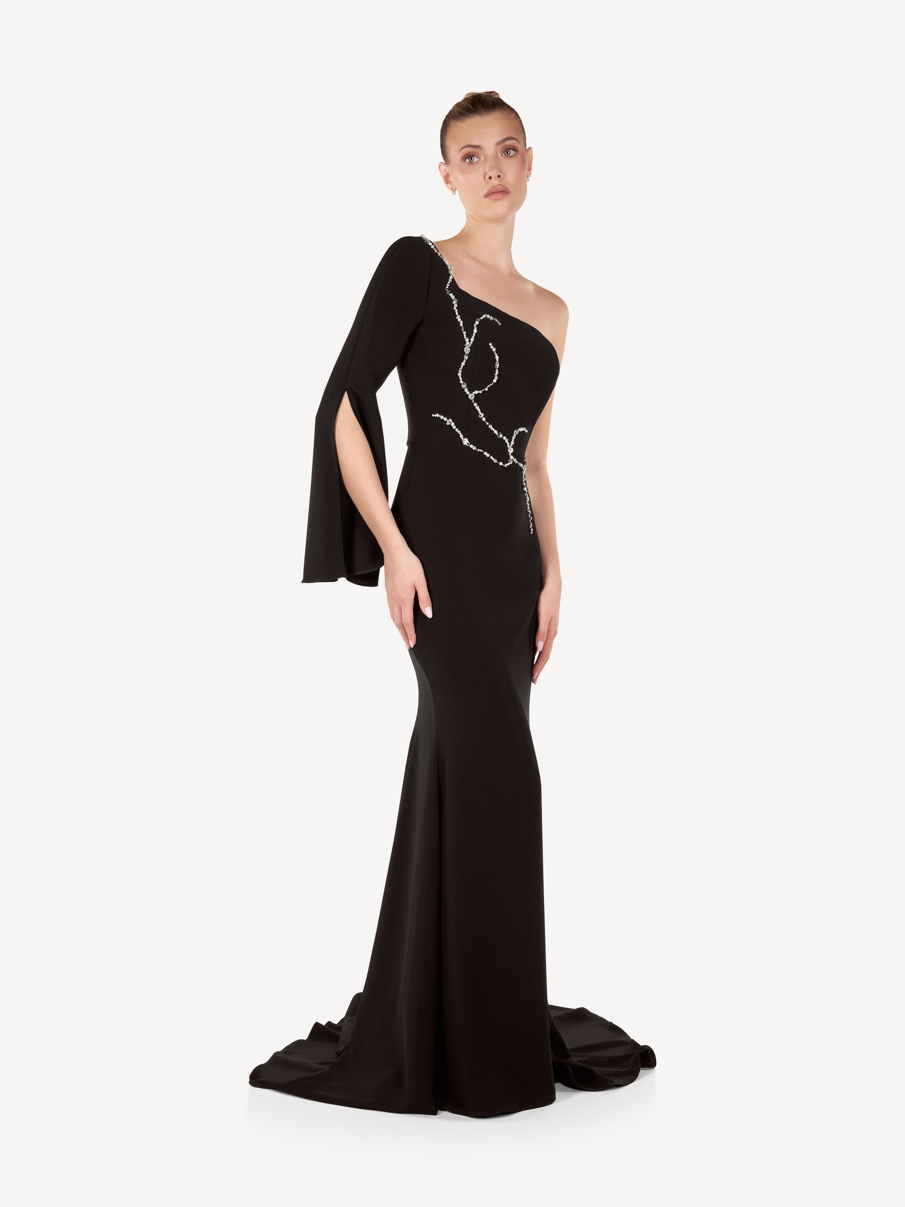 Rochie Maxi Asimetrica cu Aplicatii din Cristale, Ophélie