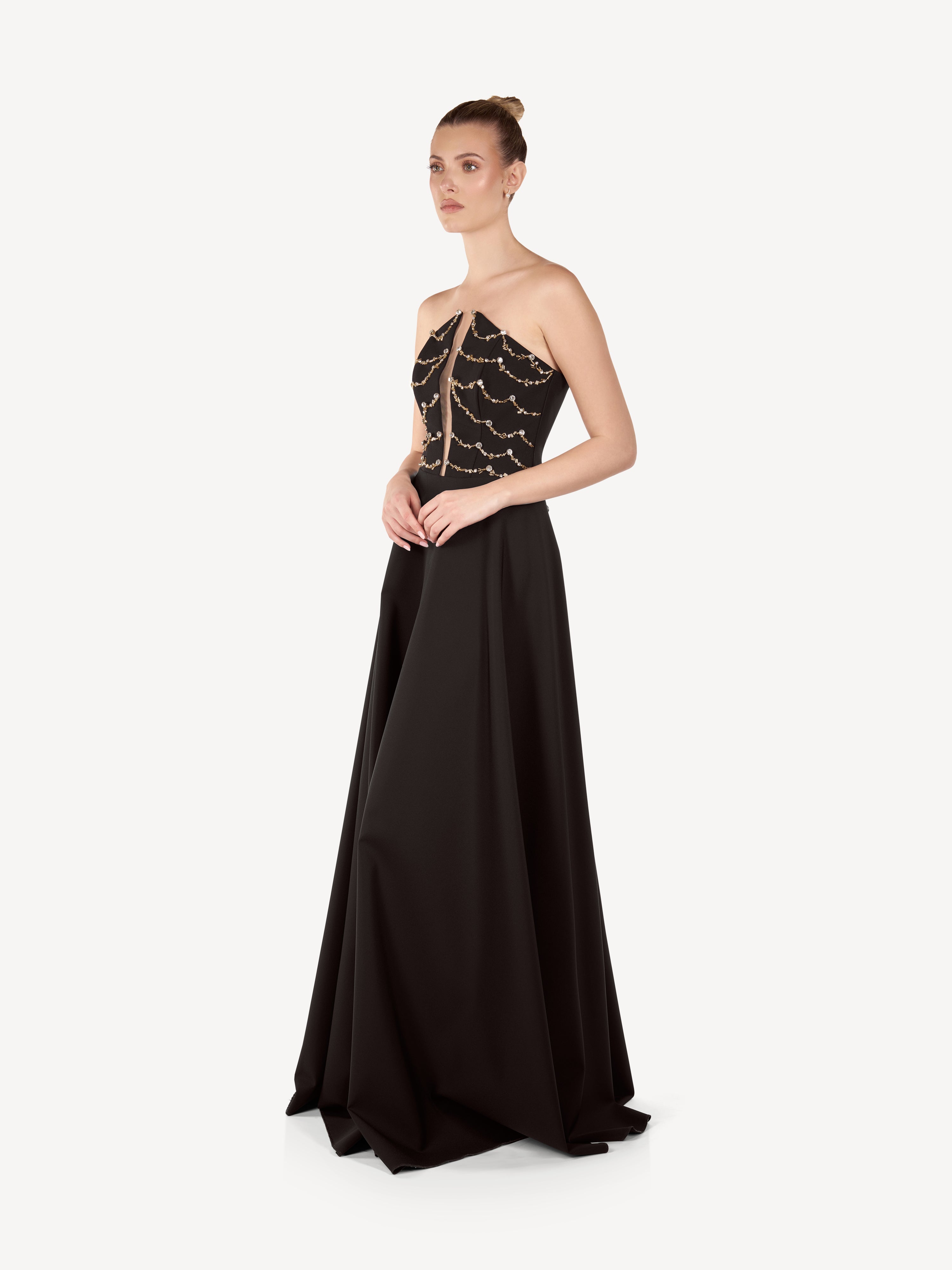 Rochie Maxi cu Corset Aplicat si Fusta Ampla, Étoile Noire