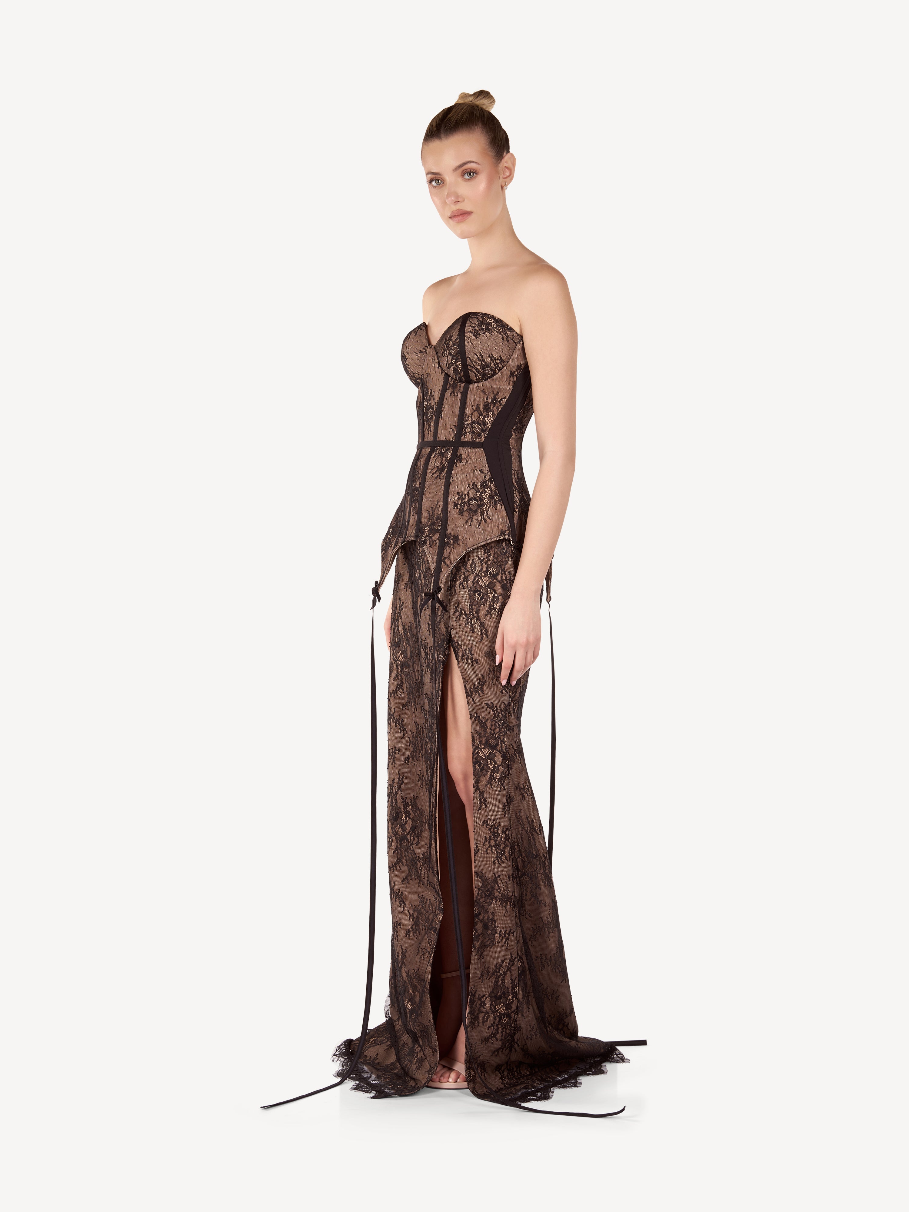 Rochie Maxi Corset din Dantela si Crep cu Slit Frontal, Isadora