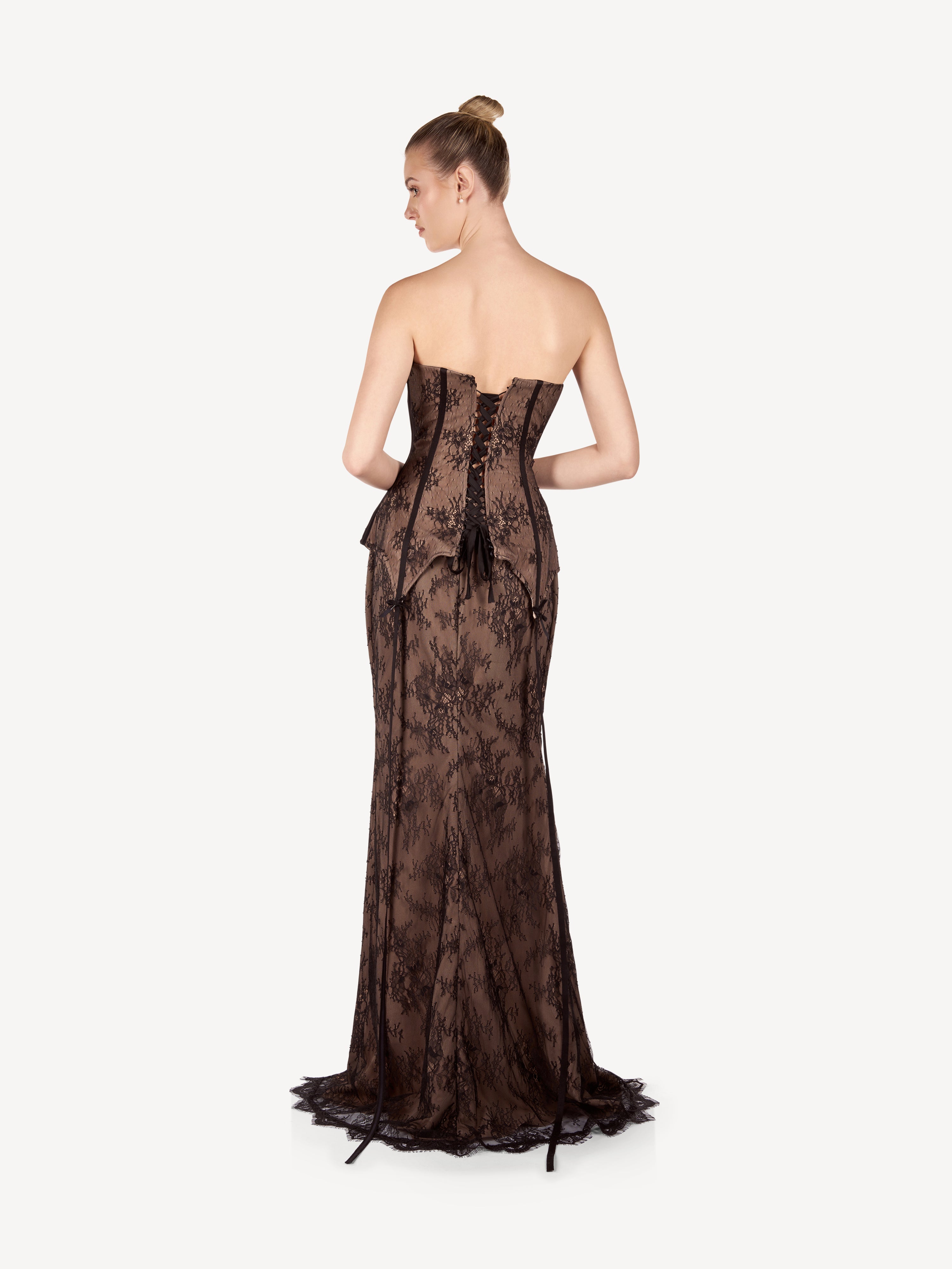 Rochie Maxi Corset din Dantela si Crep cu Slit Frontal, Isadora