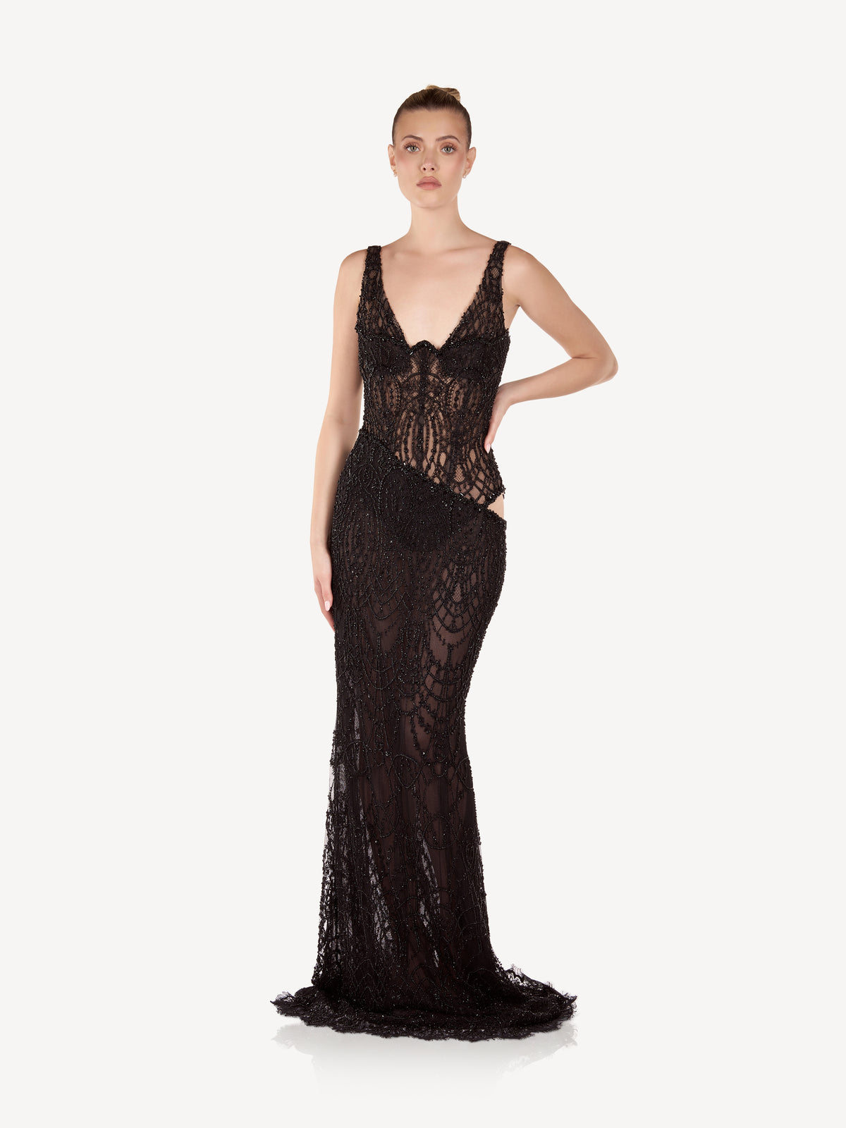 Rochie Maxi Sirena cu Broderii si Decupaje Laterale, Noir Élise