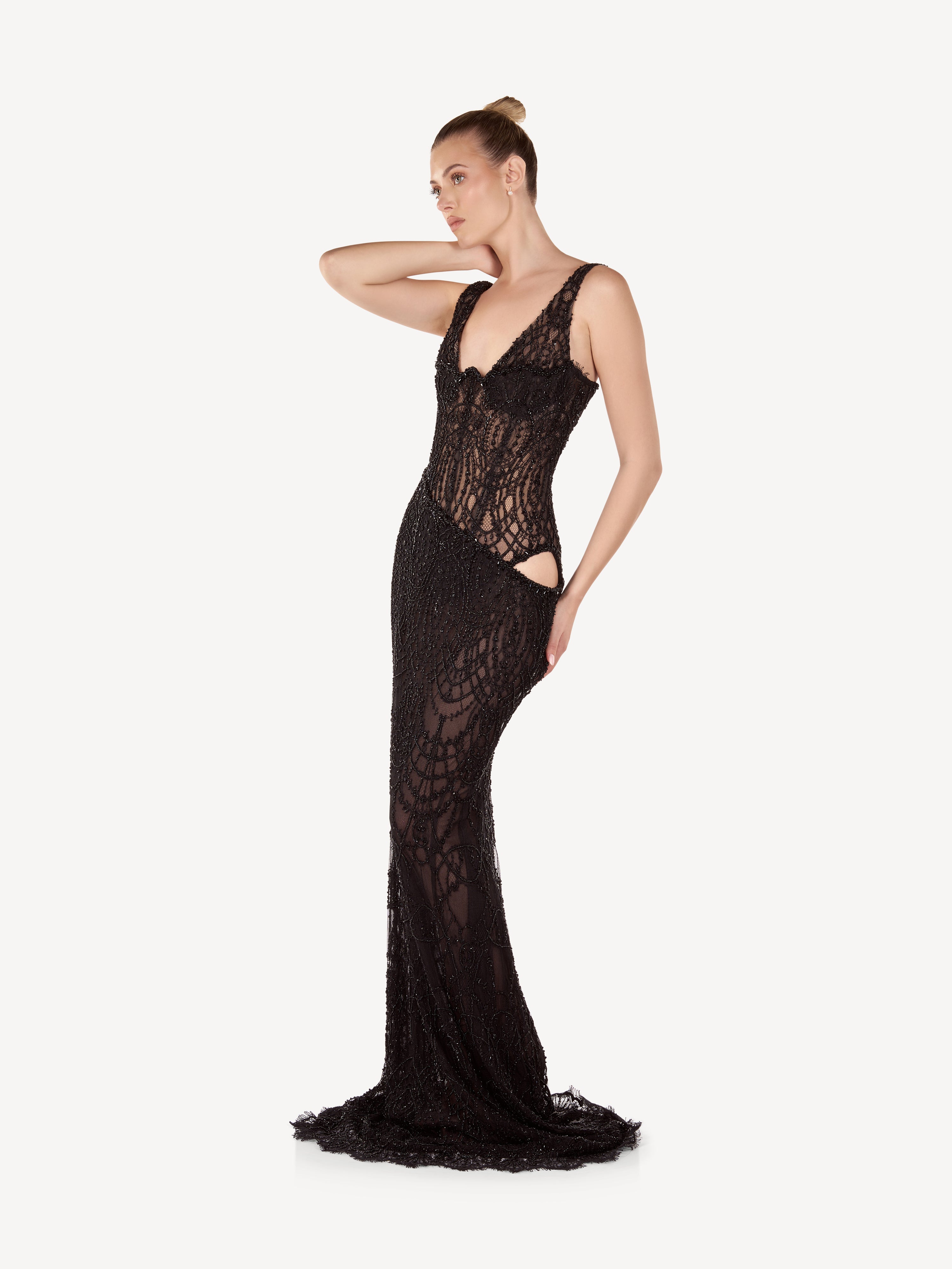 Rochie Maxi Sirena cu Broderii si Decupaje Laterale, Noir Élise