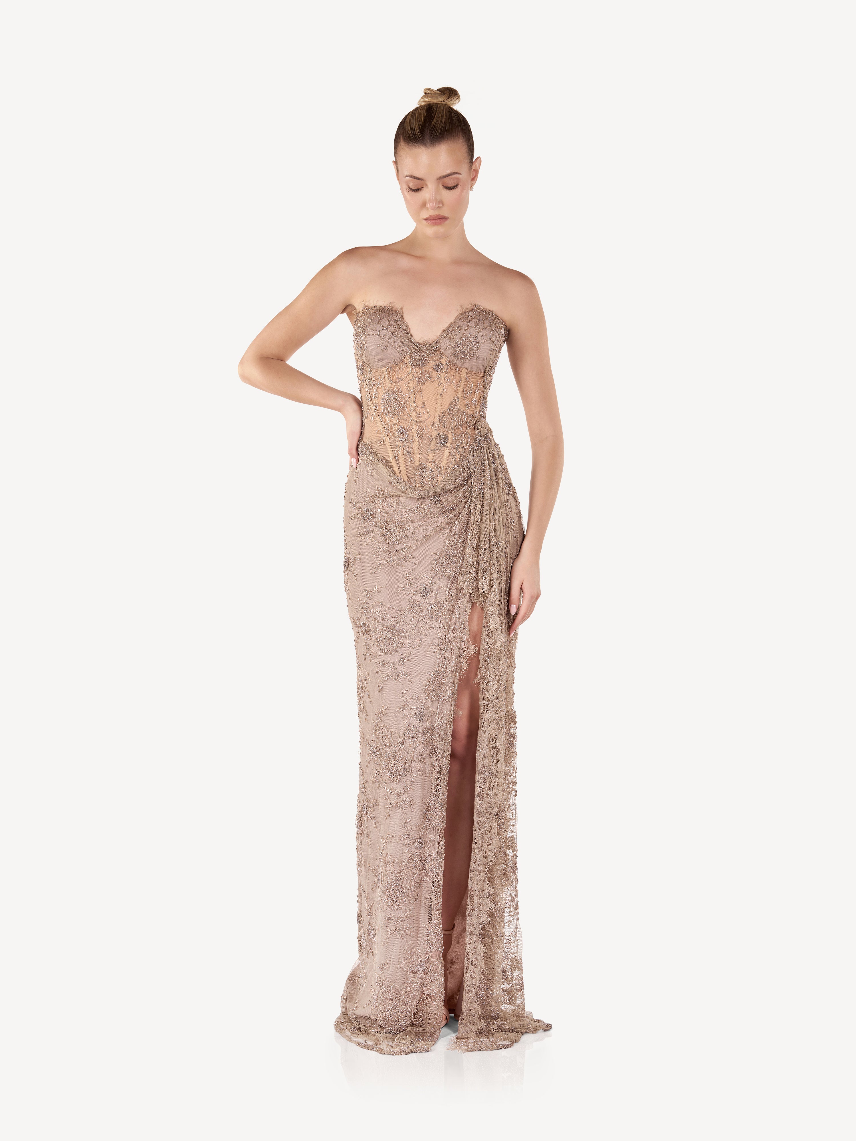 Rochie Maxi Corset cu Broderii si Drapaj Couture, Elara