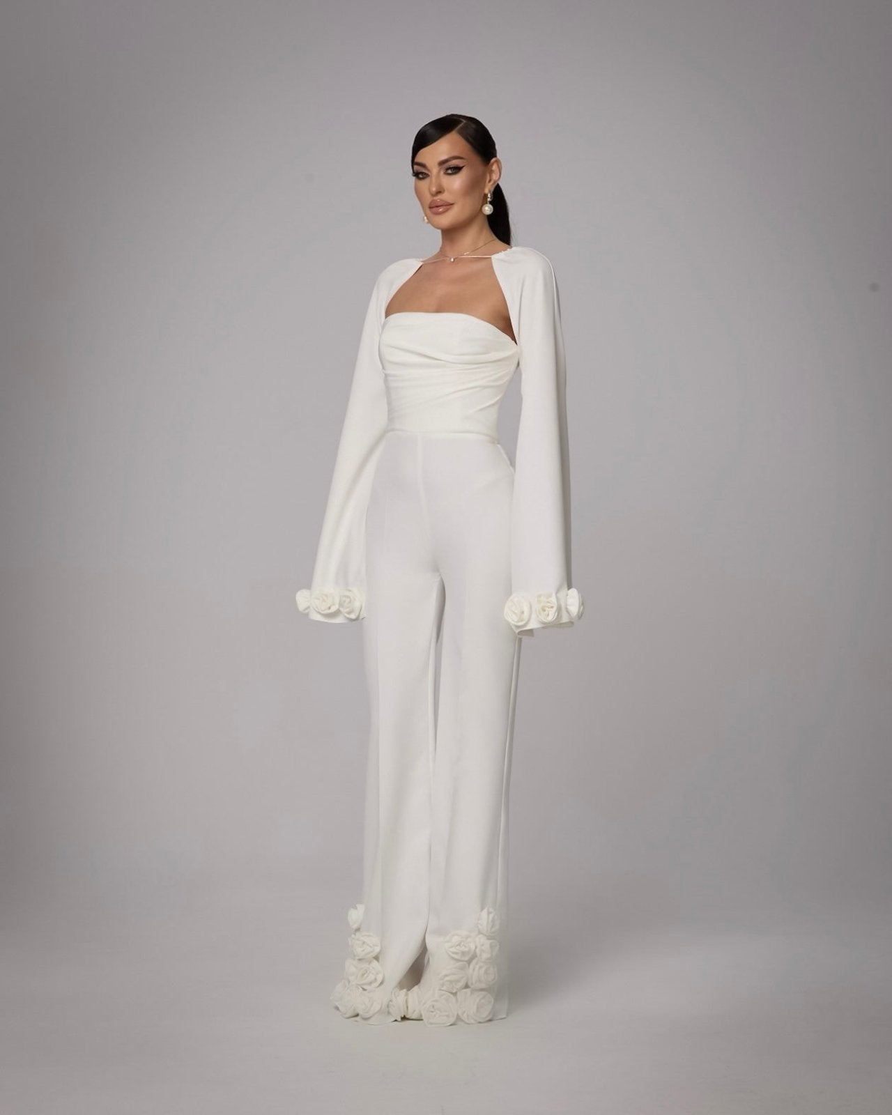Salopeta Corset cu Aplicatii Florale si Maneci Detasabile, Ivory Bloom