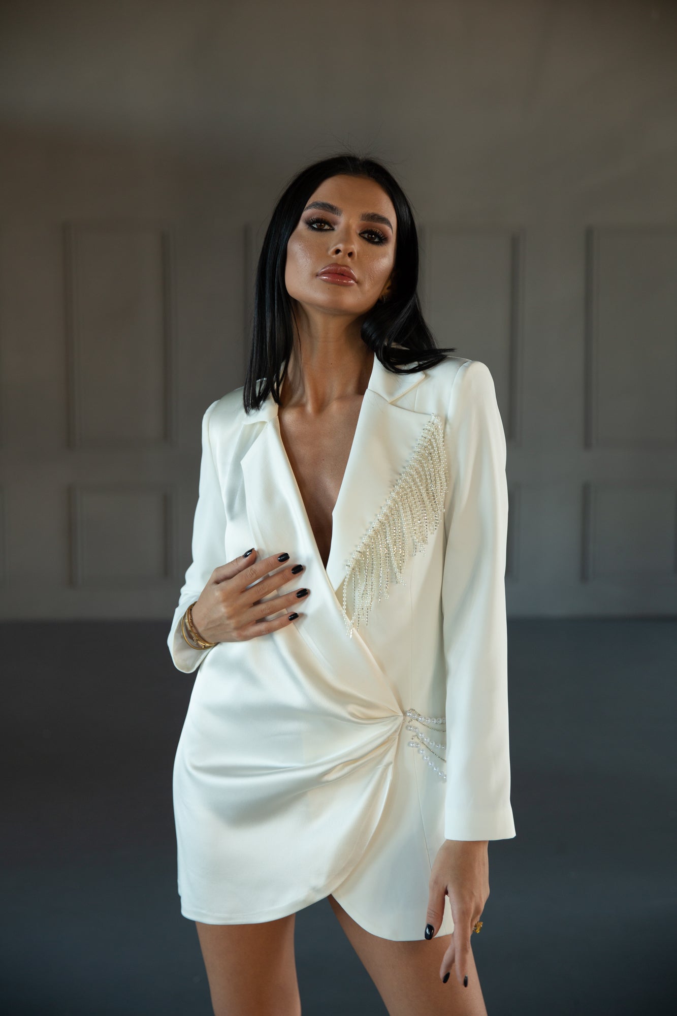 Rochie Sacou Mini Drapata cu Aplicatii Perle, Yvy