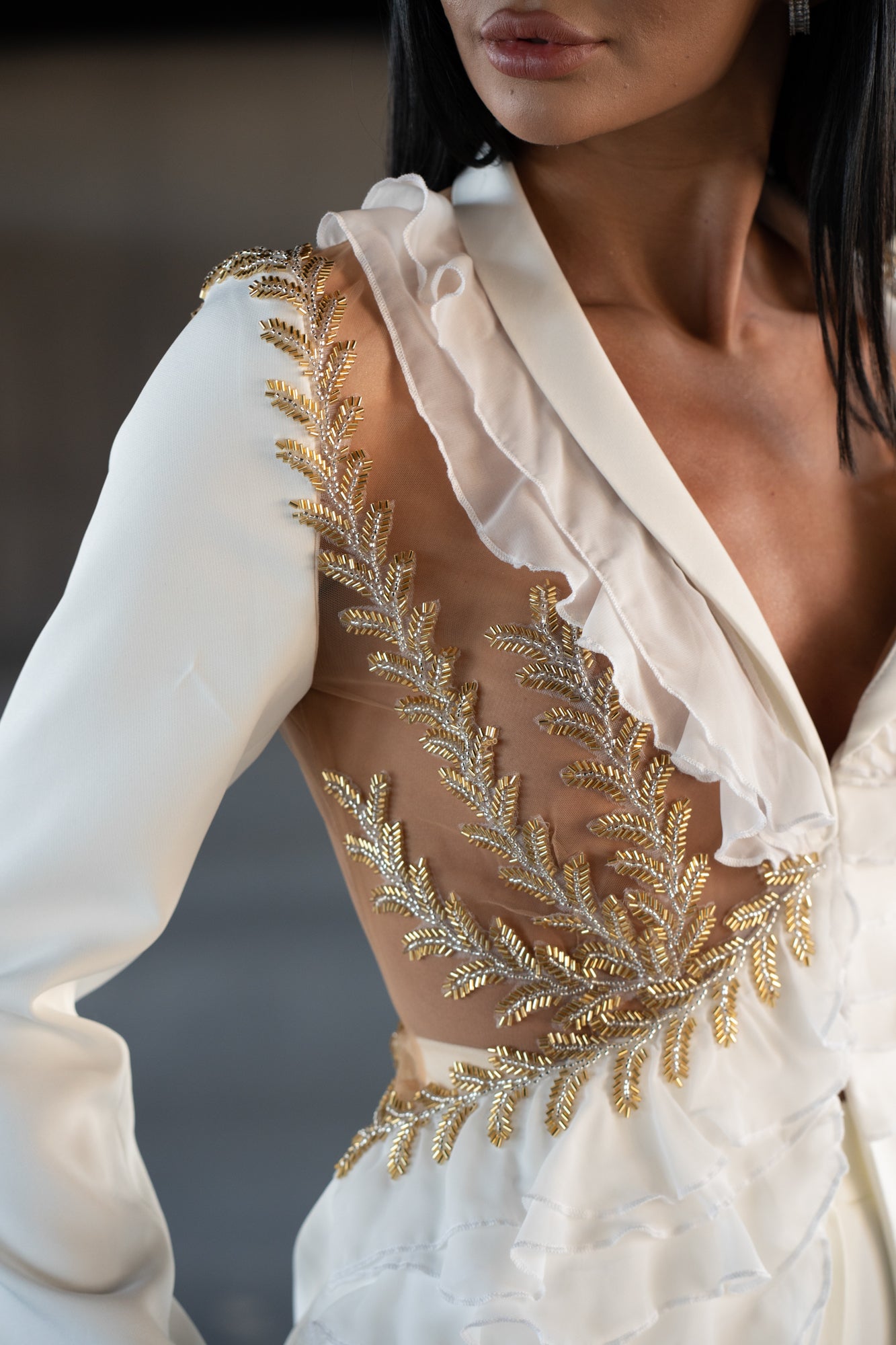 Costum cu Sacou Brodat si Pantaloni Conici, Gold Leaves