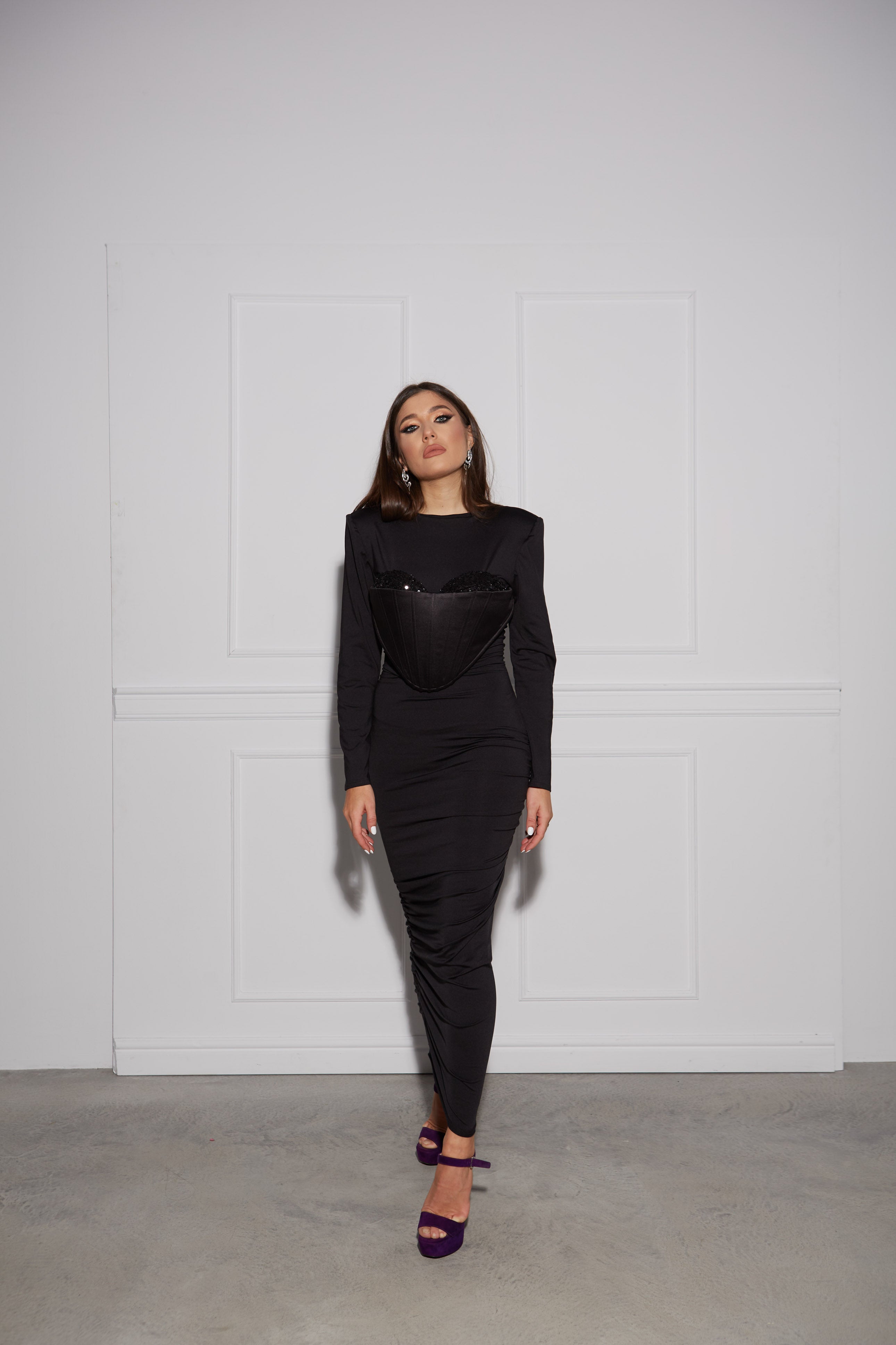 Rochie Maxi Mulata cu Corset Aplicat, Lana