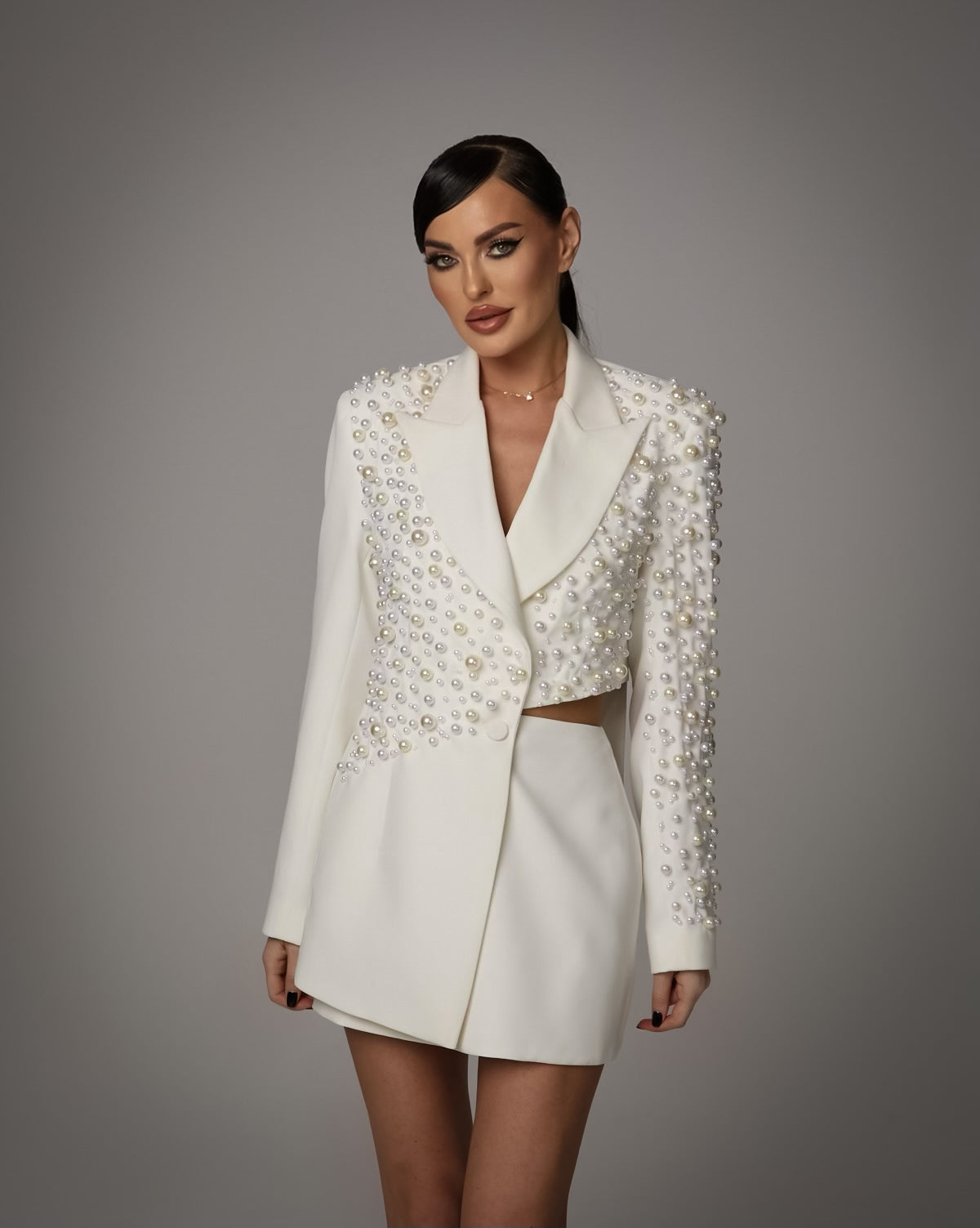 Compleu cu Sacou Cropped cu Perle si Fusta, Ivory Elegance