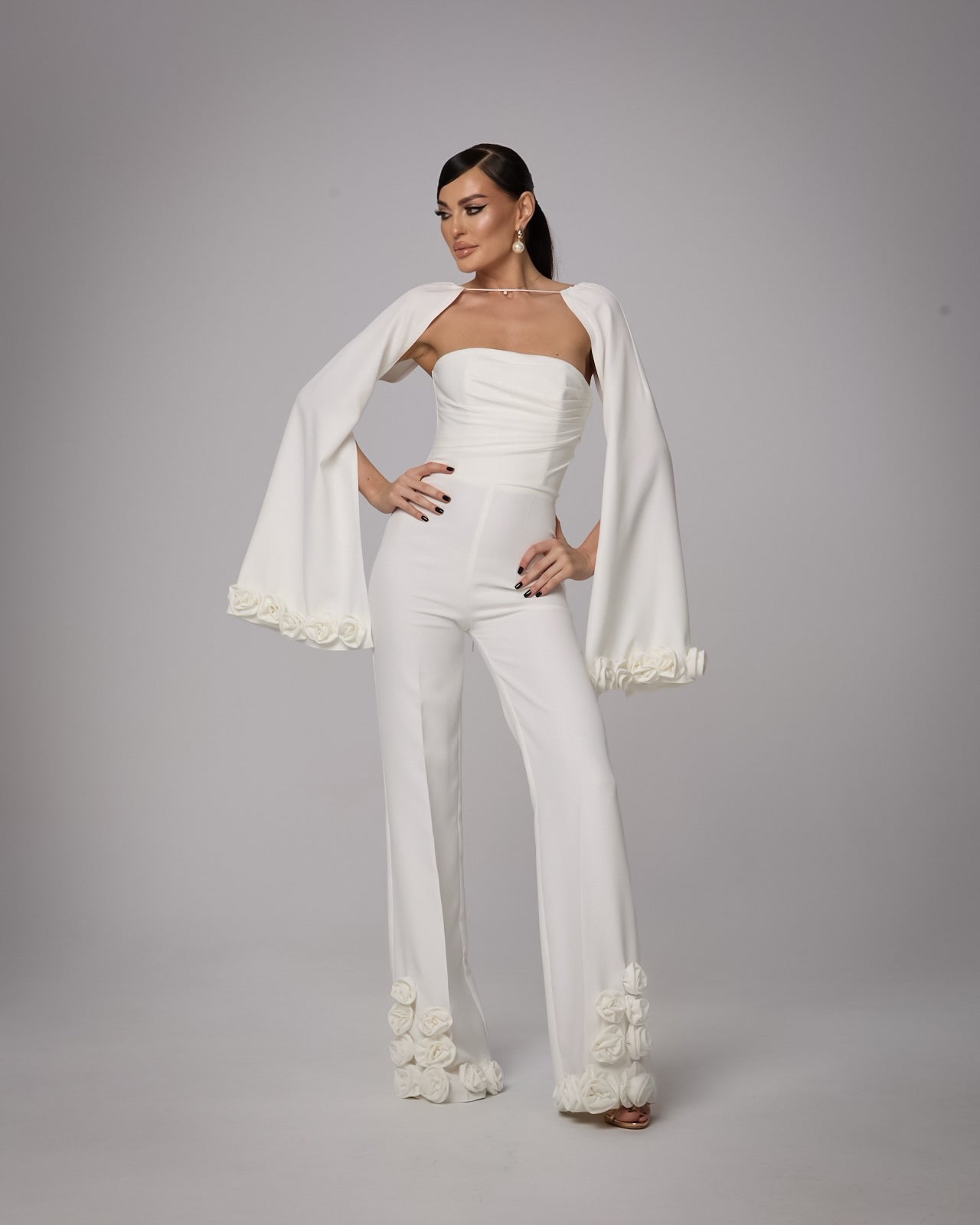 Salopeta Corset cu Aplicatii Florale si Maneci Detasabile, Ivory Bloom