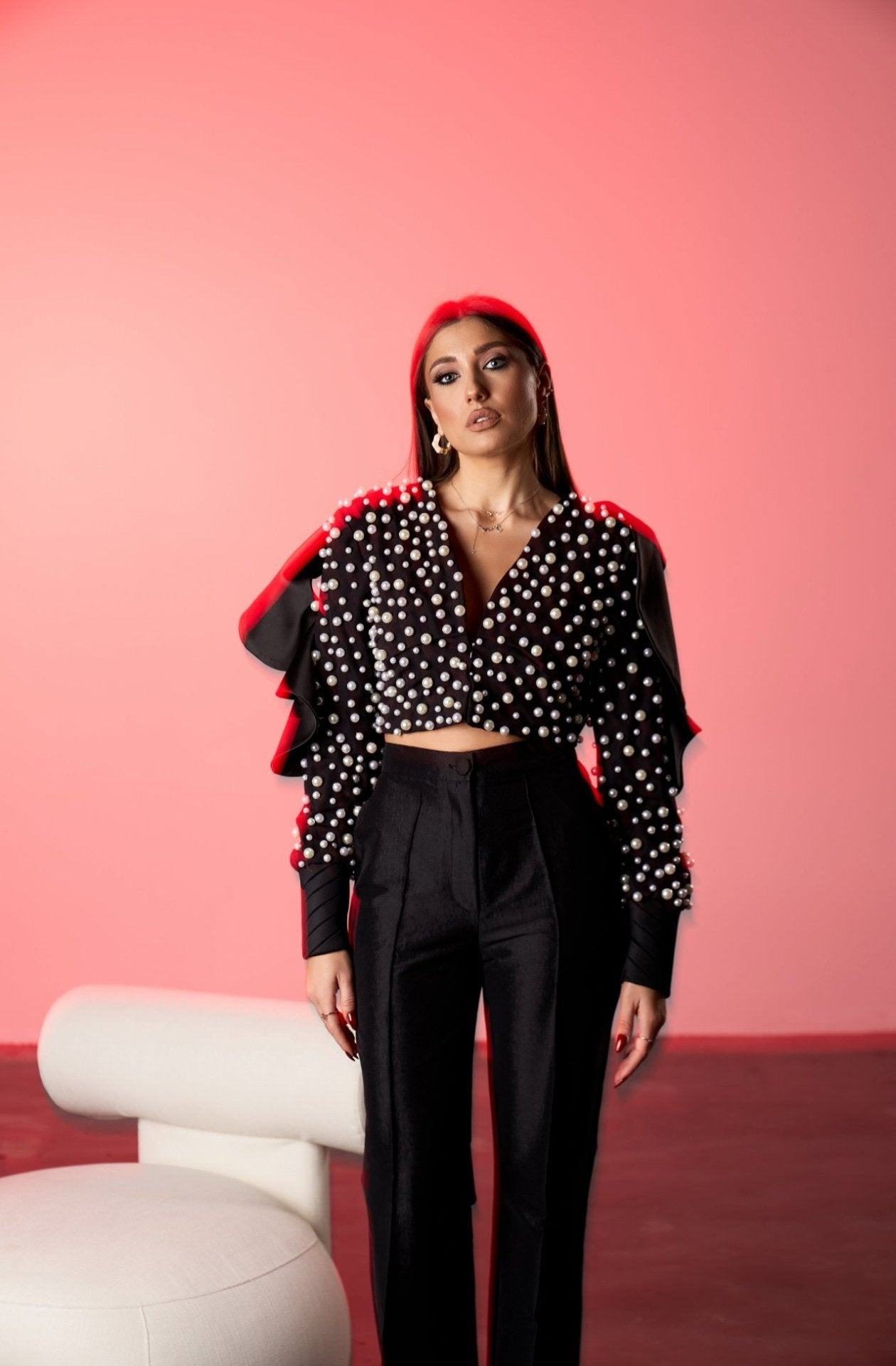 Sacou Cropped cu Perle si Volane, Pearl Éclat