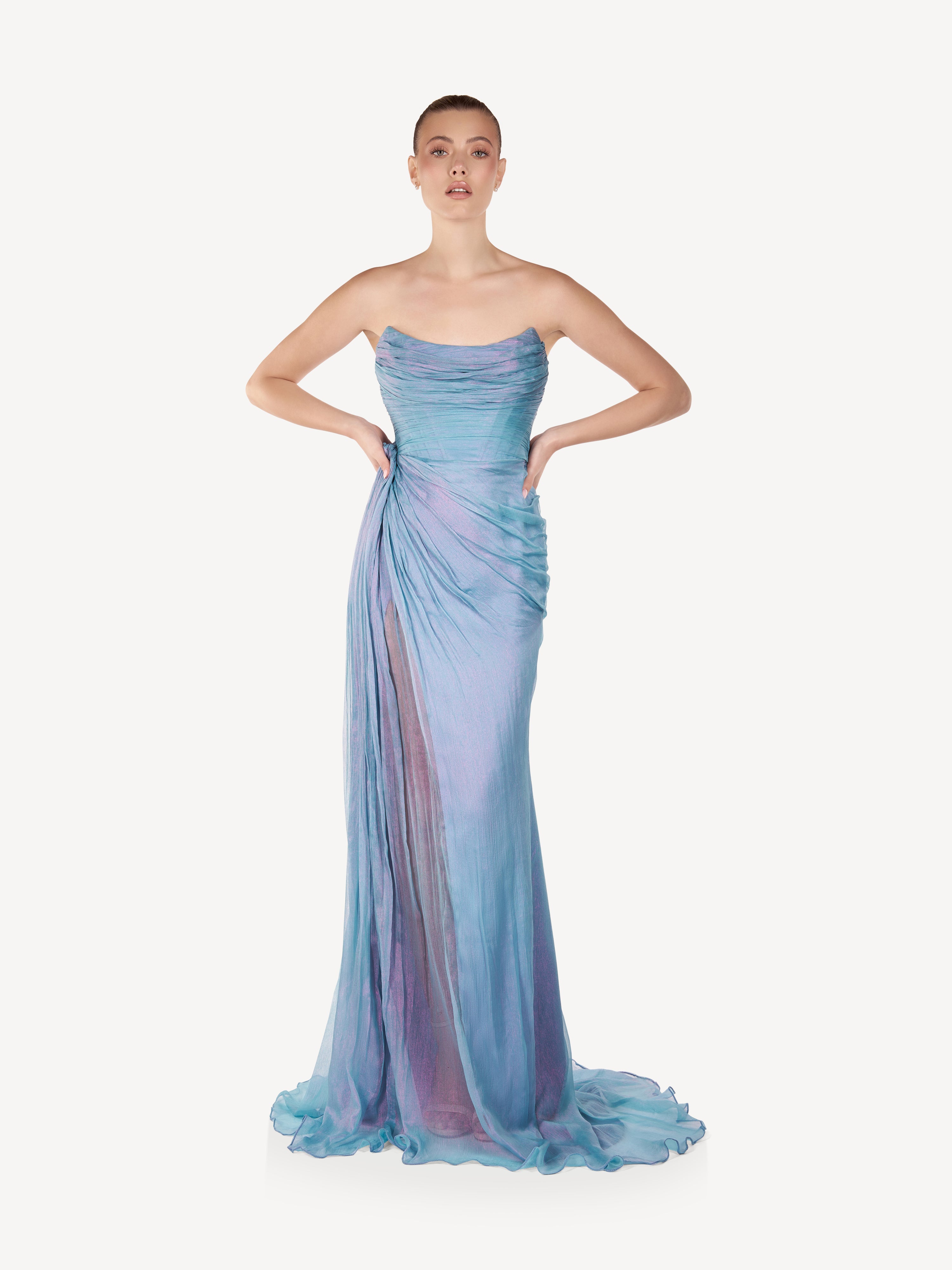 Rochie Maxi din Matase Drapata, Ocean Glow
