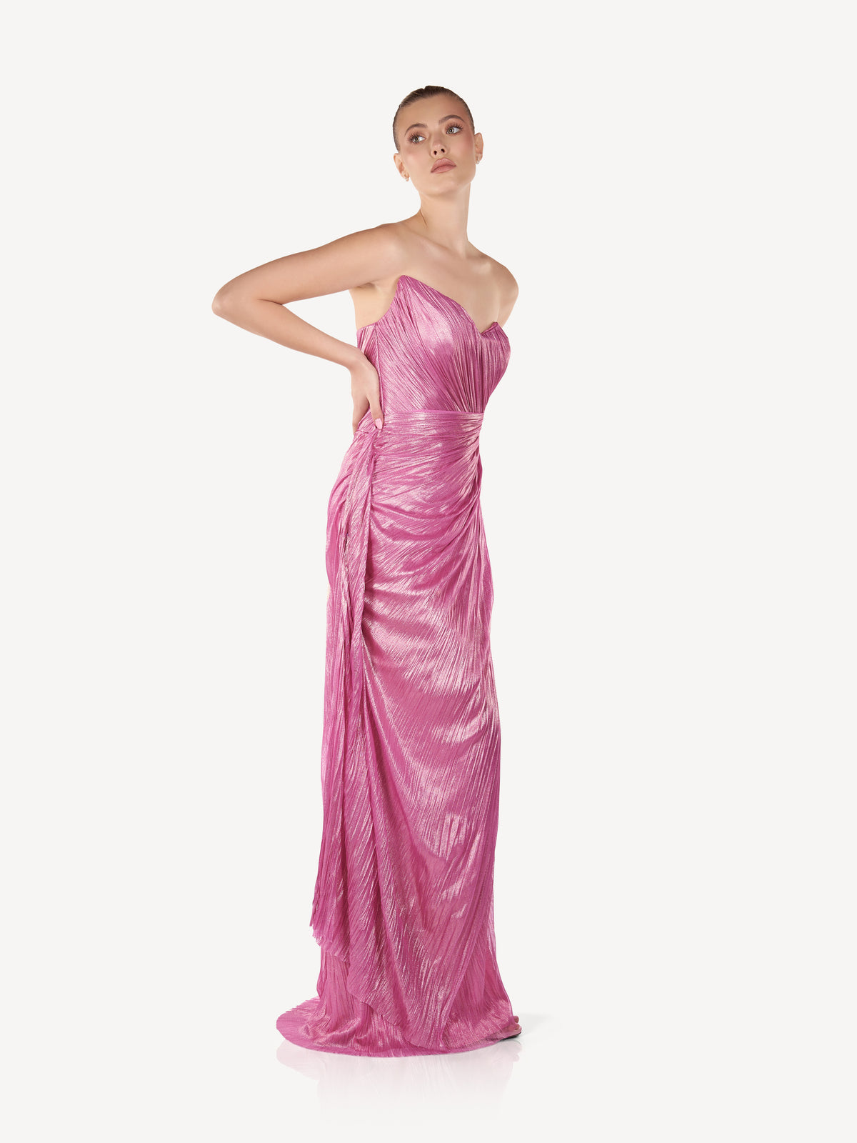Rochie Maxi din Matase Drapata cu Slit, Pink Lumière