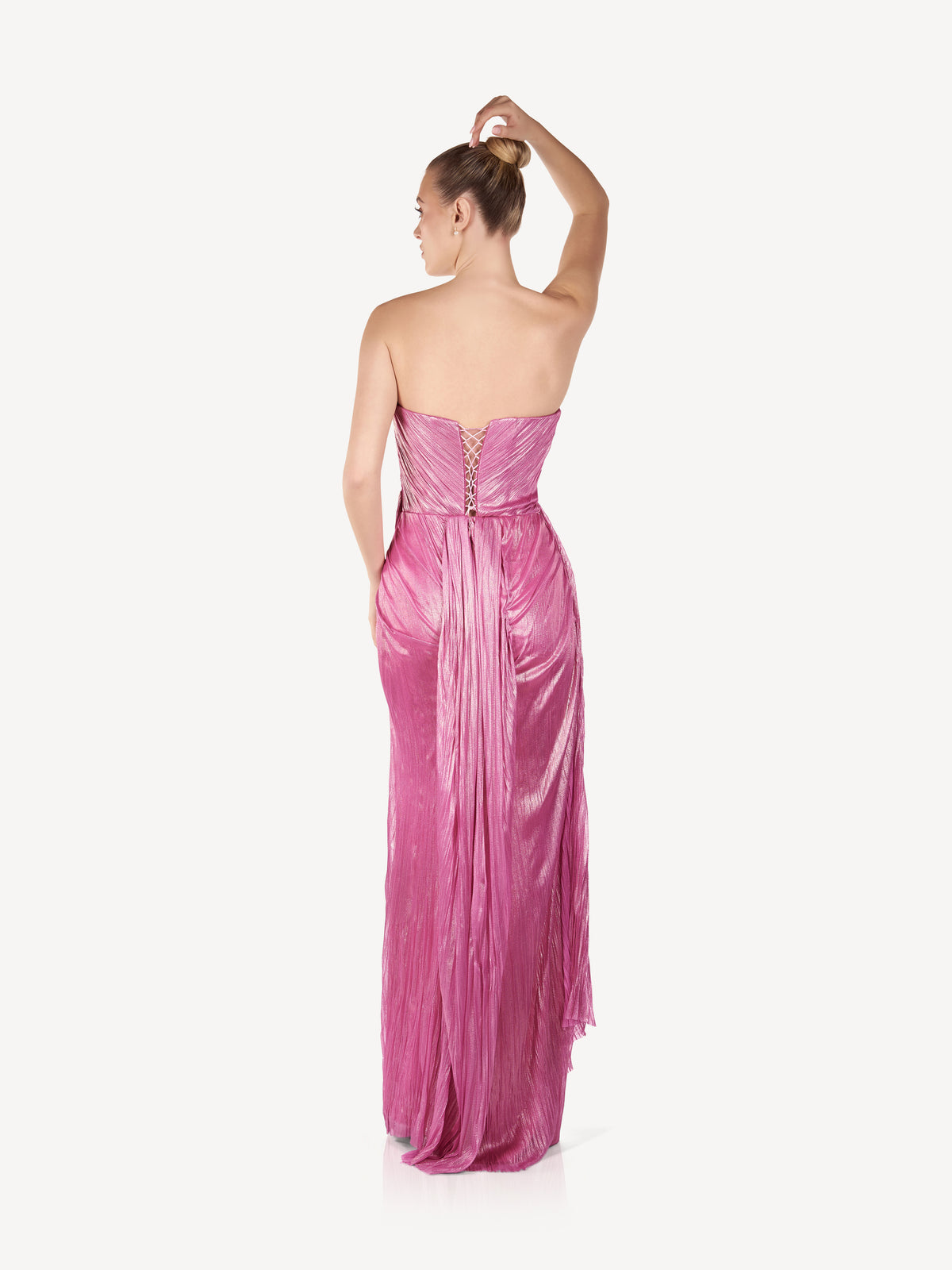 Rochie Maxi din Matase Drapata cu Slit, Pink Lumière