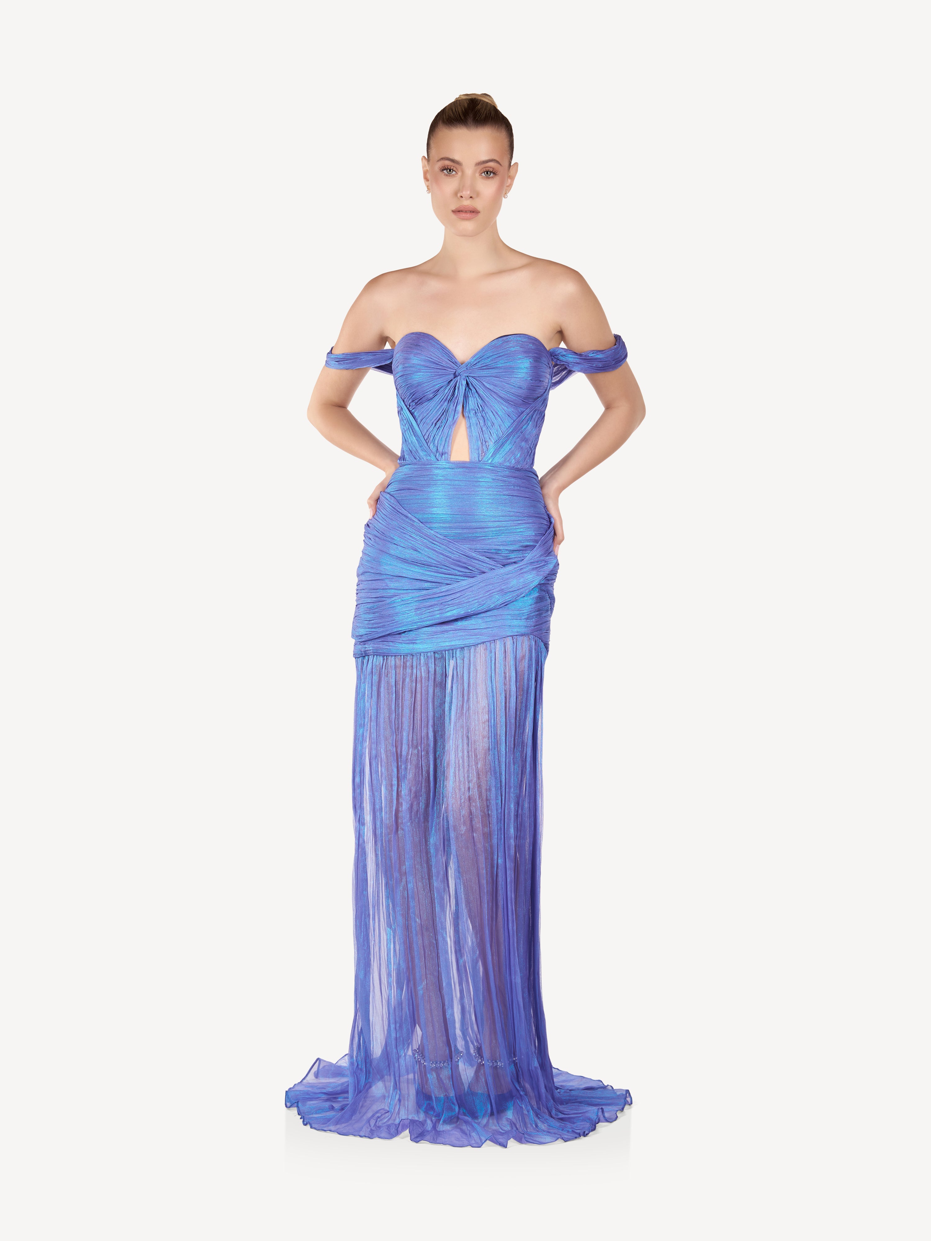 Rochie Maxi Drapata Off-Shoulder, Blue Mirage