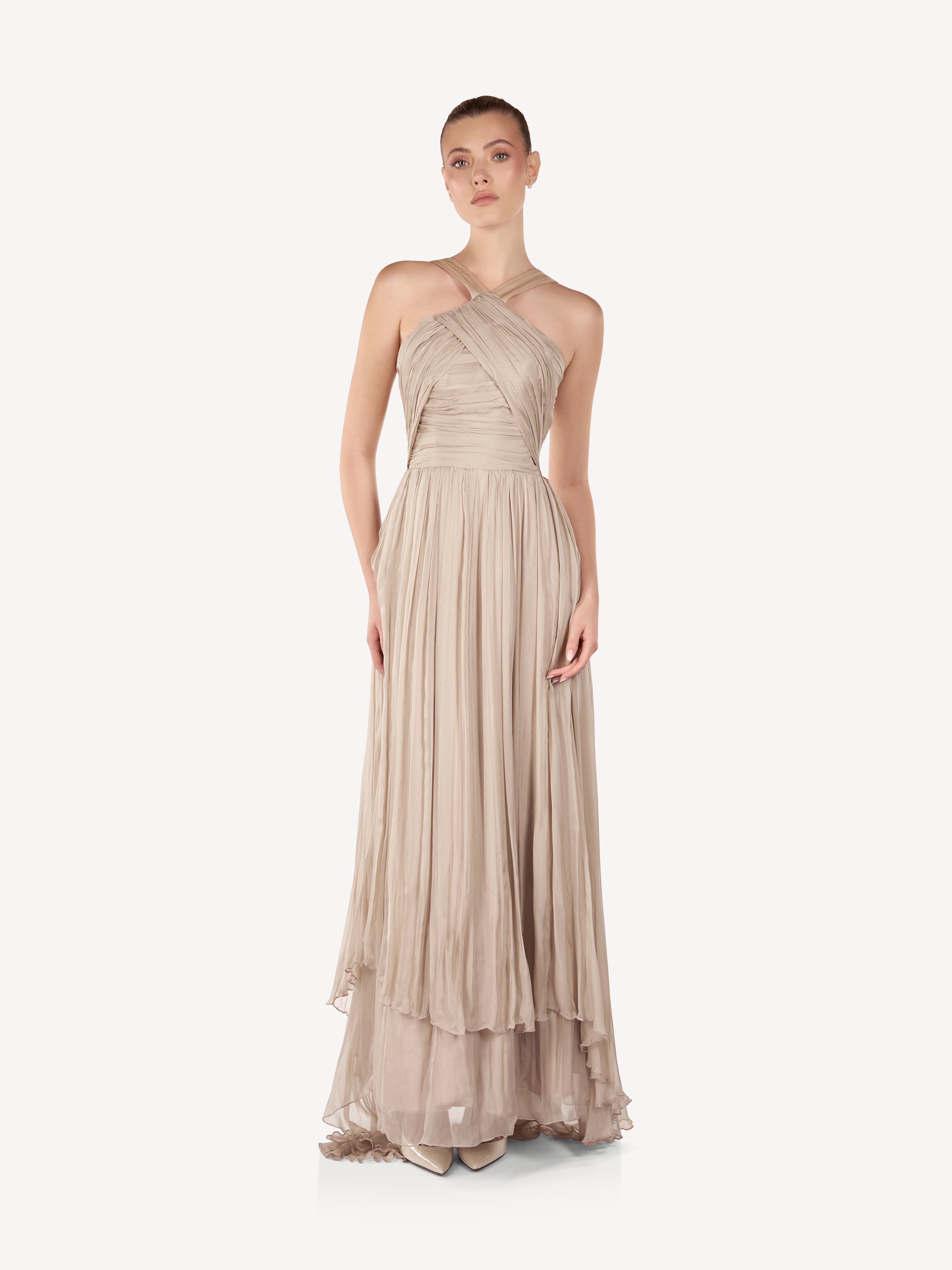 Rochie Maxi Drapata cu Bretele Incrucisate, Sand Whisper