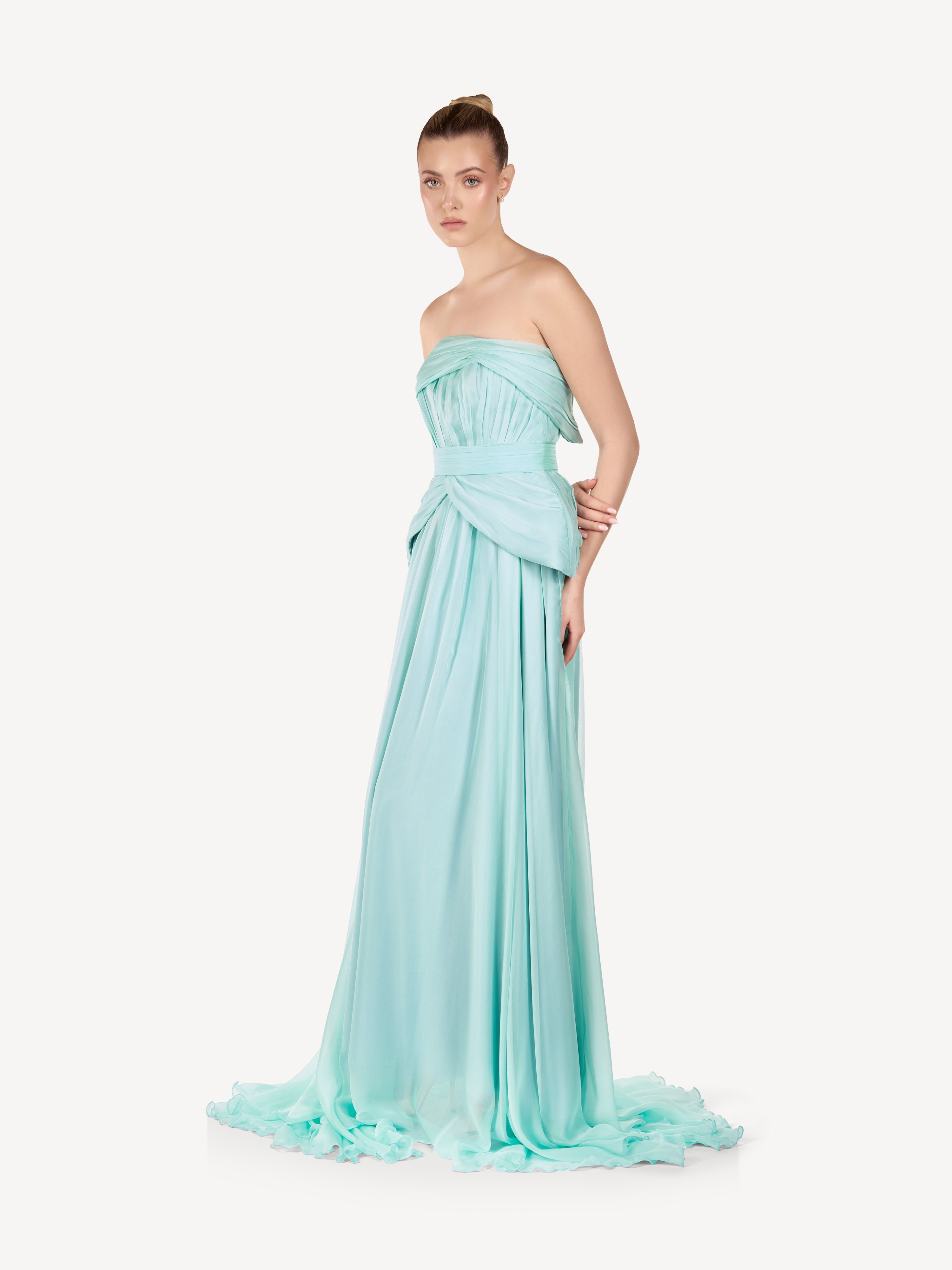 Rochie Maxi din Matase cu Drapaje Asimetrice, Sea Mist