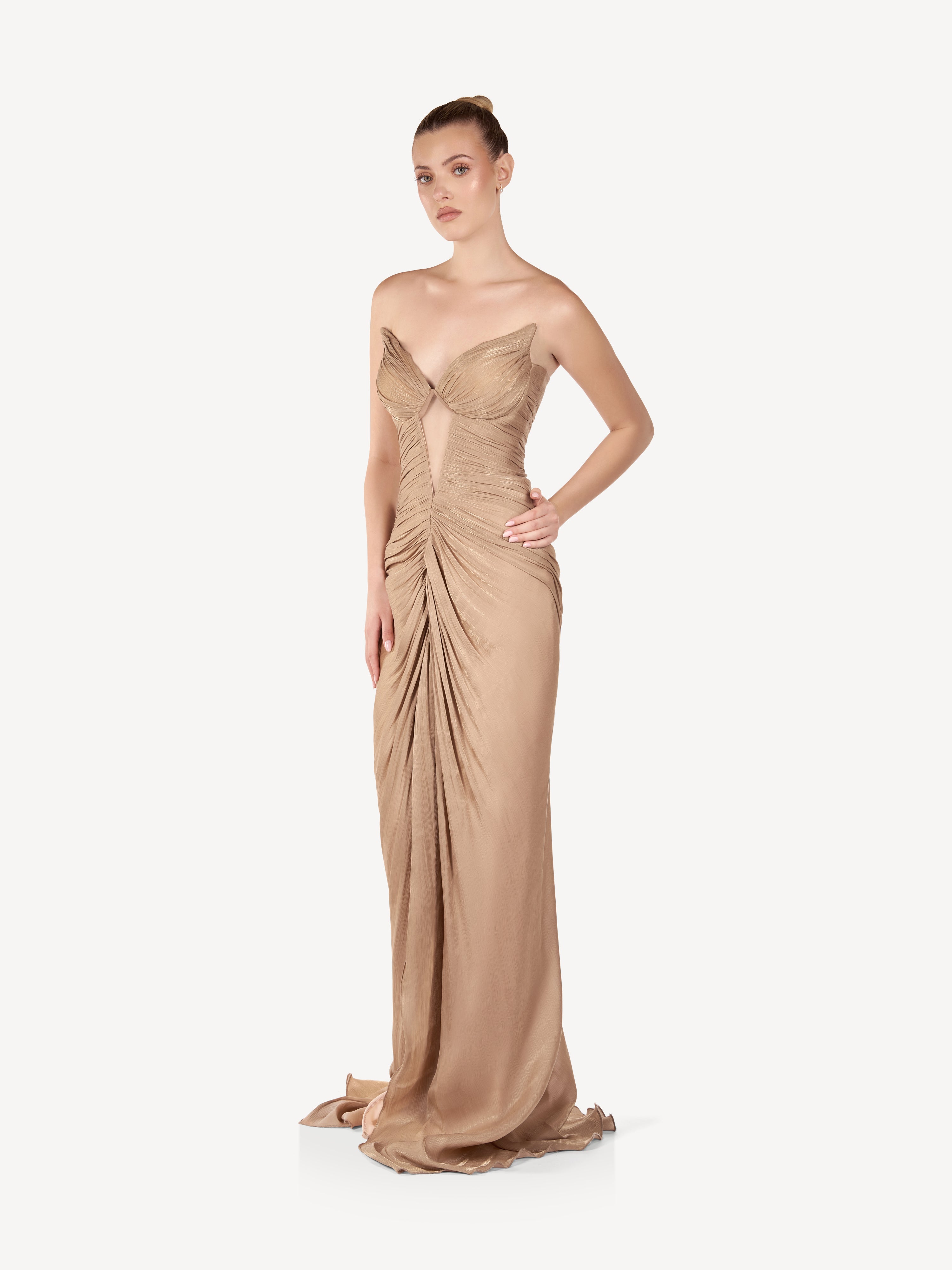 Rochie Maxi Drapata cu Bust Sculptural, Champagne Glow