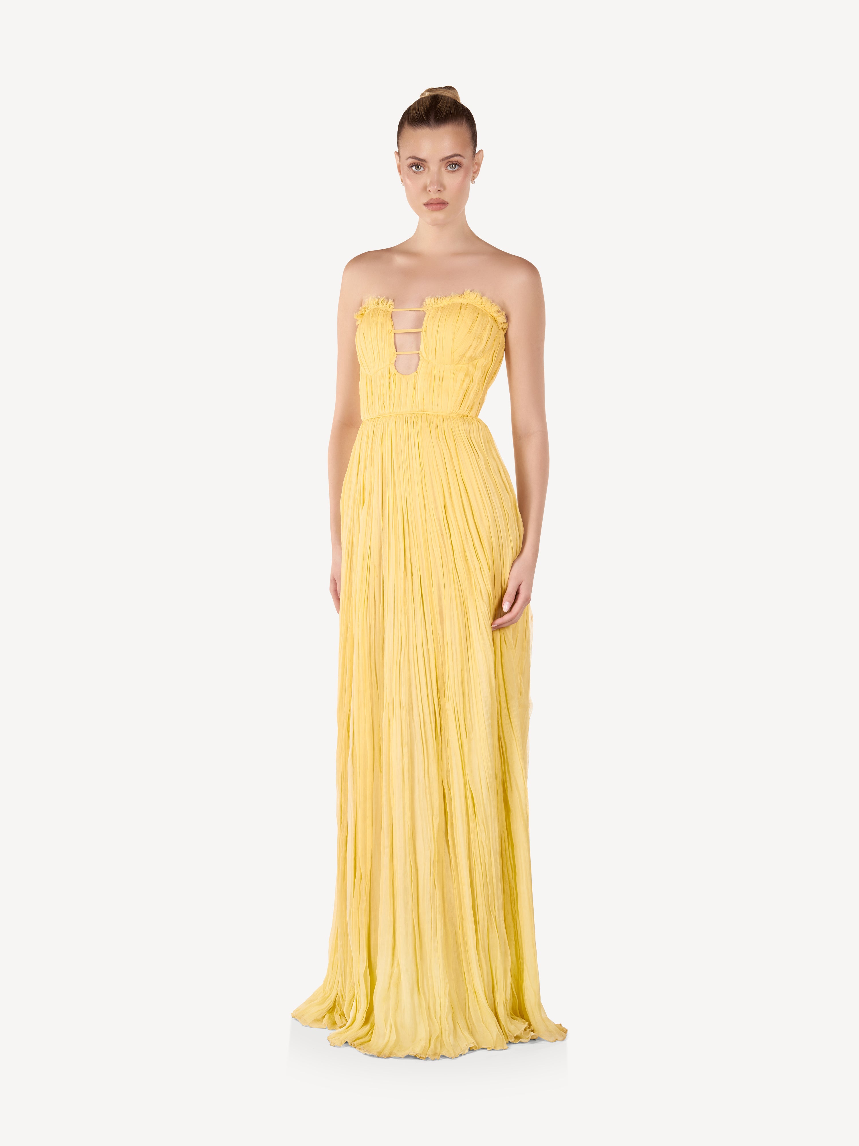 Rochie Maxi din Matase cu Detalii Drapate, Butter Glow