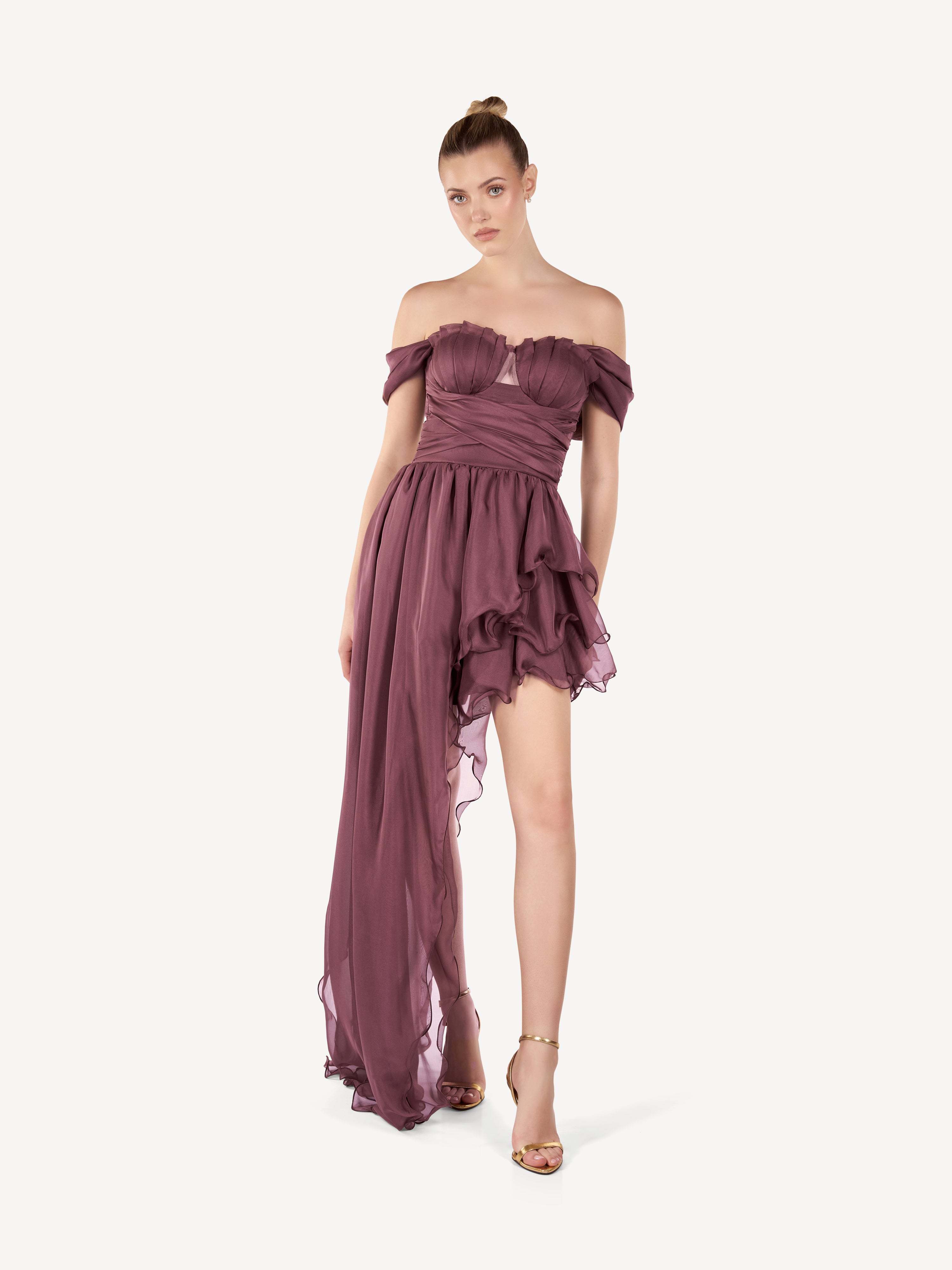 Rochie Mini Asimetrica din Voal de Matase, Mauve Élise