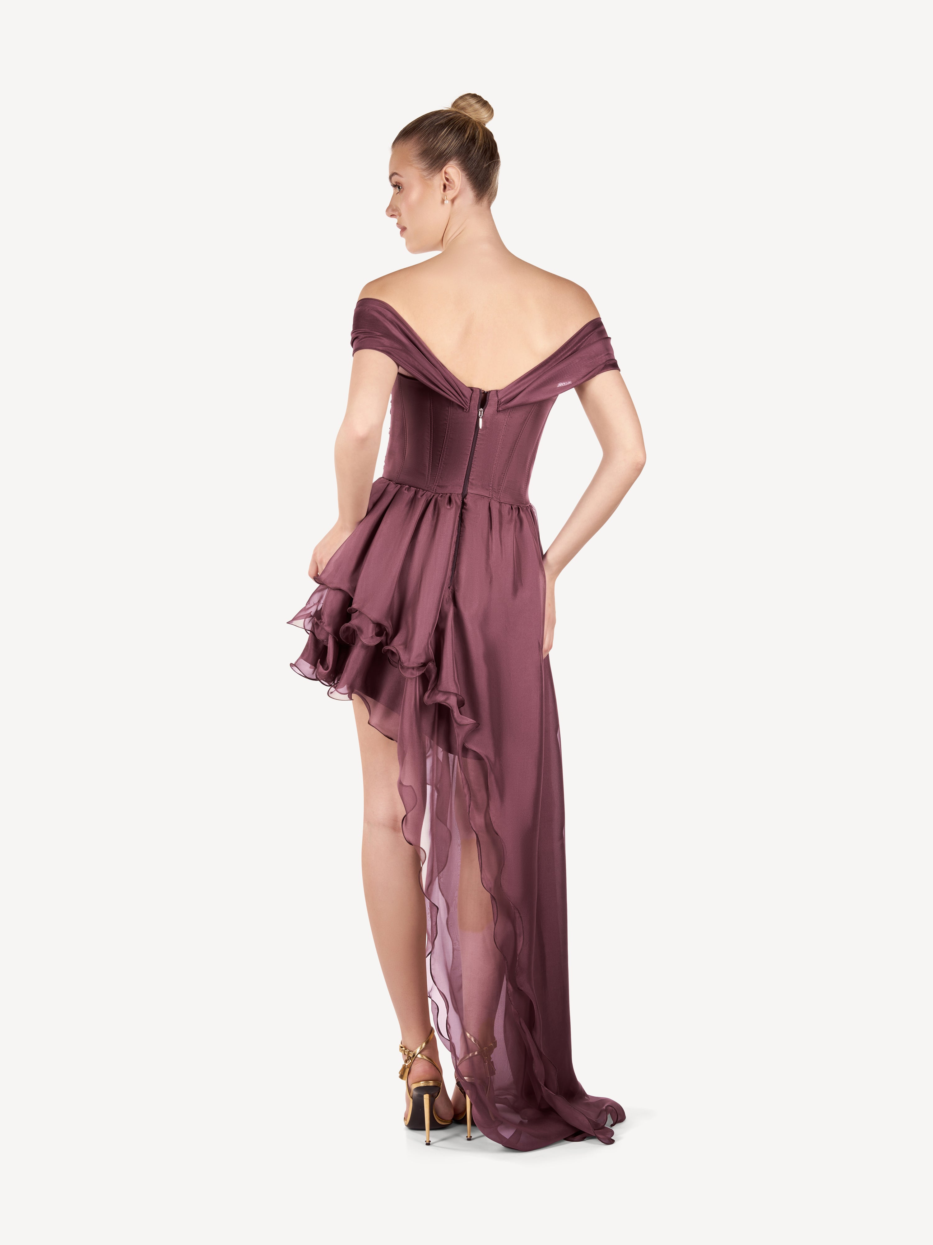 Rochie Mini Asimetrica din Voal de Matase, Mauve Élise