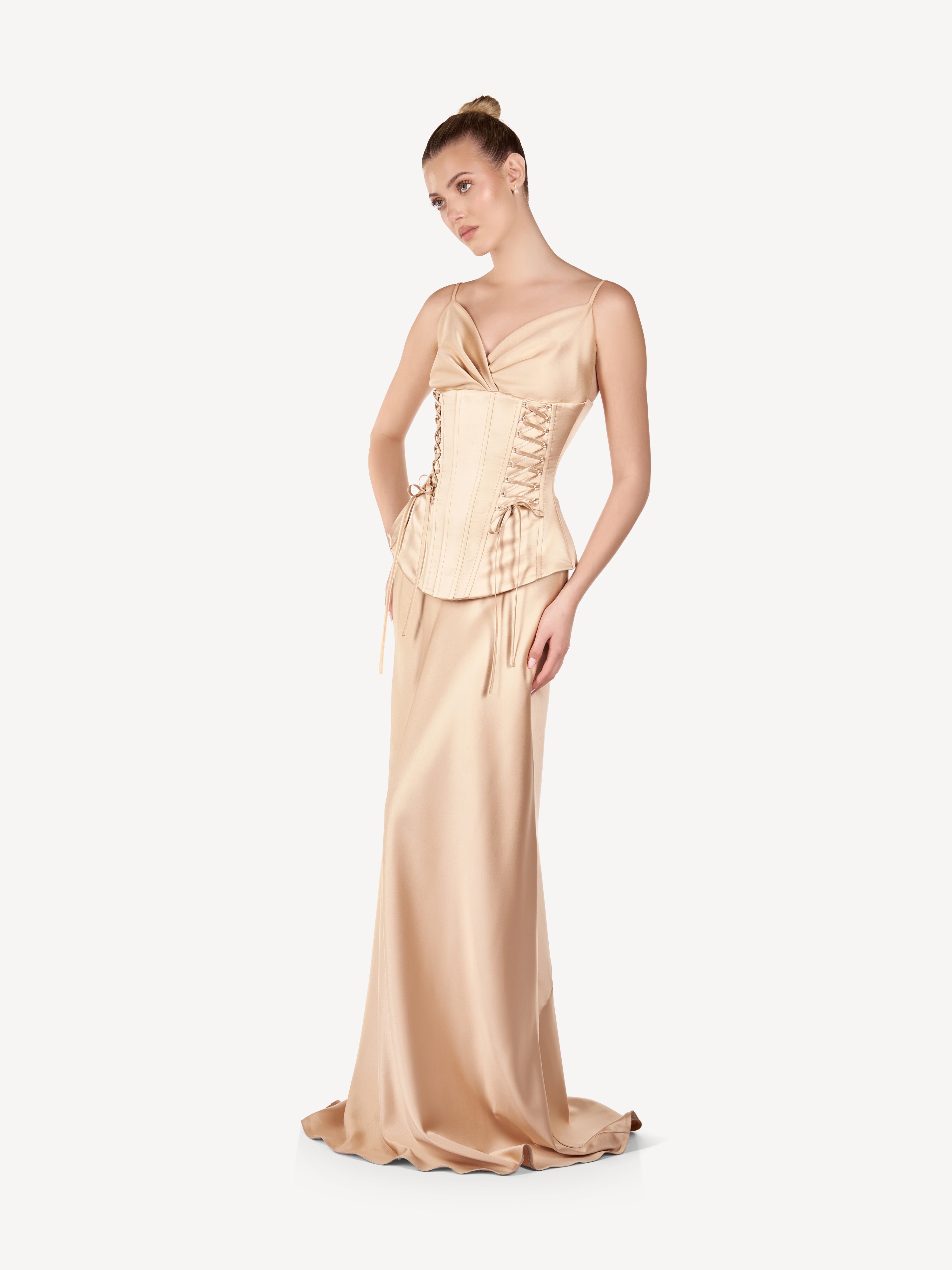 Rochie Maxi Corset din Satin cu Bretele Fine, Champagne Élise